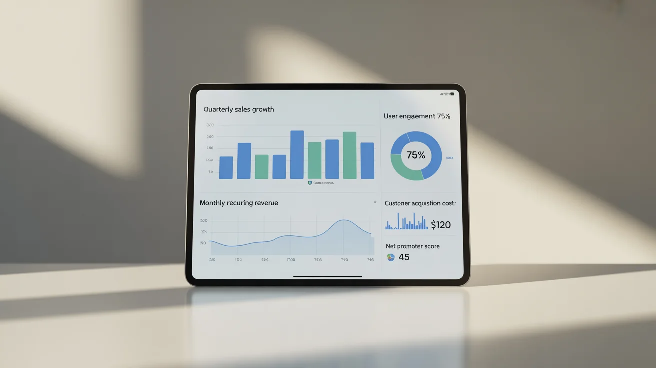 A modern tablet on a white background displaying a professional KPI dashboard with various charts, graphs, and metrics for business intelligence.
