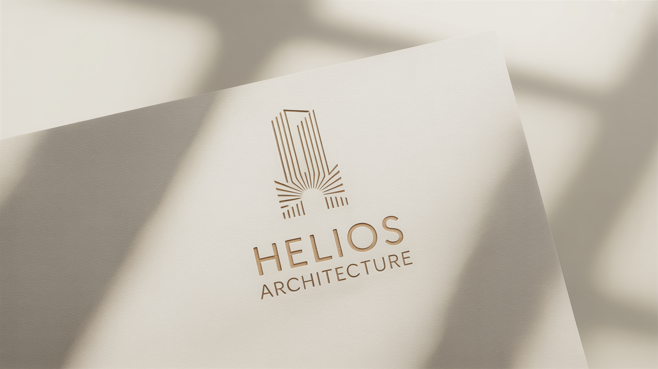 A minimalist, matte gold logo for 'Helios Architecture', featuring a building and sunburst icon, embossed on a white background.