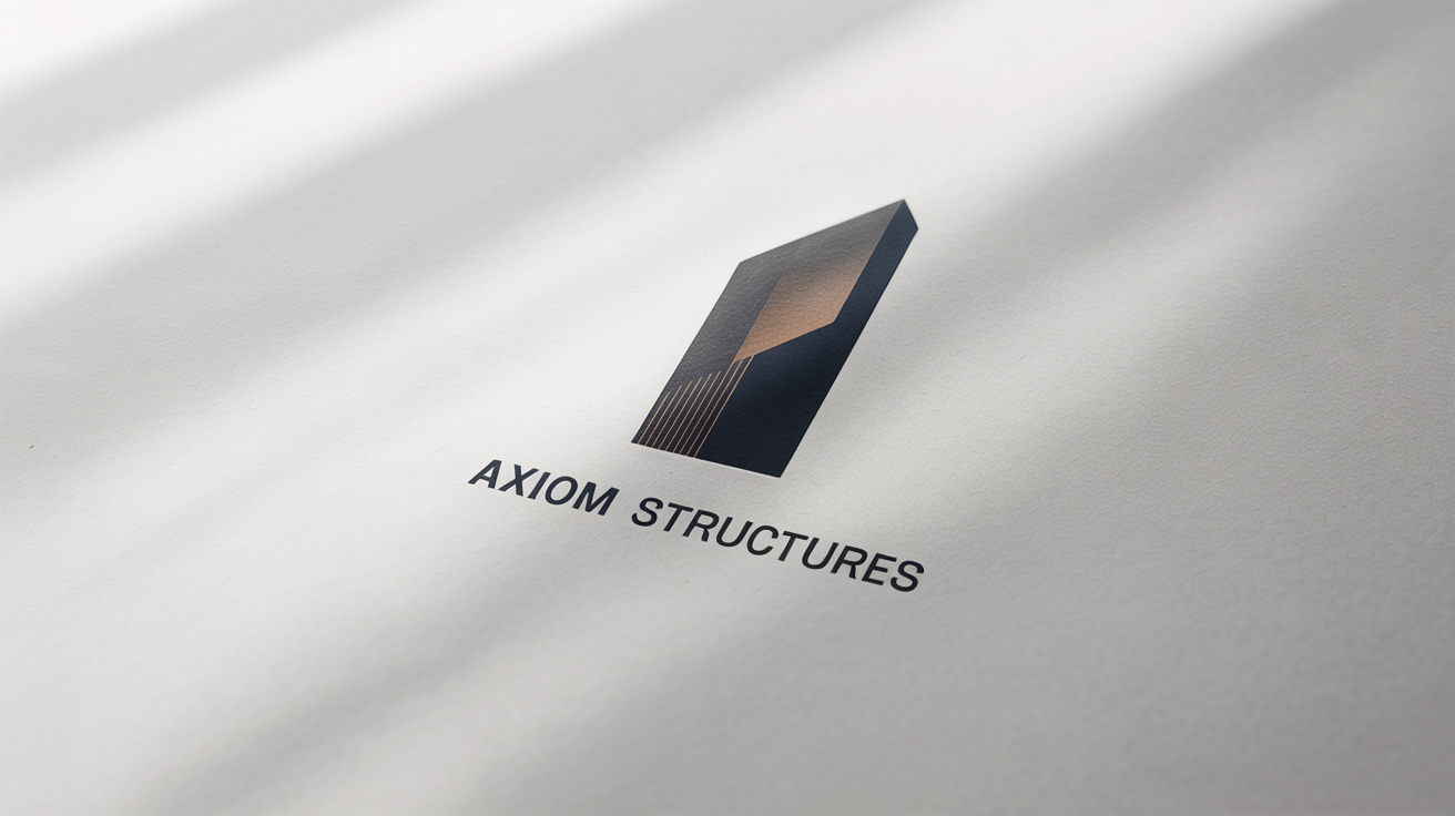 A modern and minimalist logo for an architecture firm named 'Axiom Structures', featuring a geometric building silhouette in gray, blue, and bronze on a white background.