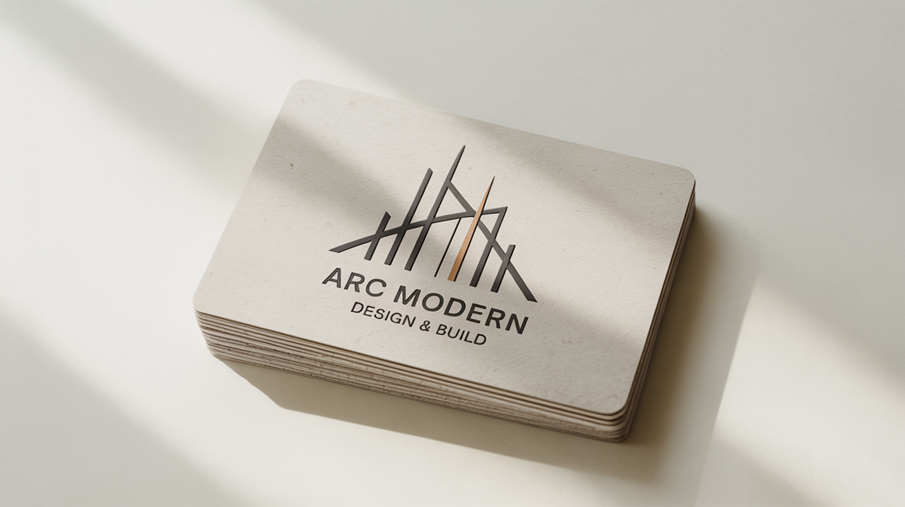 A professional mockup of a modern architecture logo for 'ARC MODERN', featuring a minimalist geometric design in charcoal and bronze on a textured card against a clean white background.