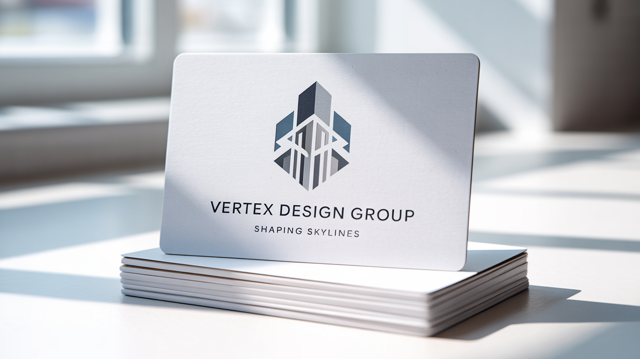 A professional mockup of an architecture logo for 'Vertex Design Group', featuring a minimalist geometric building design on a premium white business card against a clean white background.