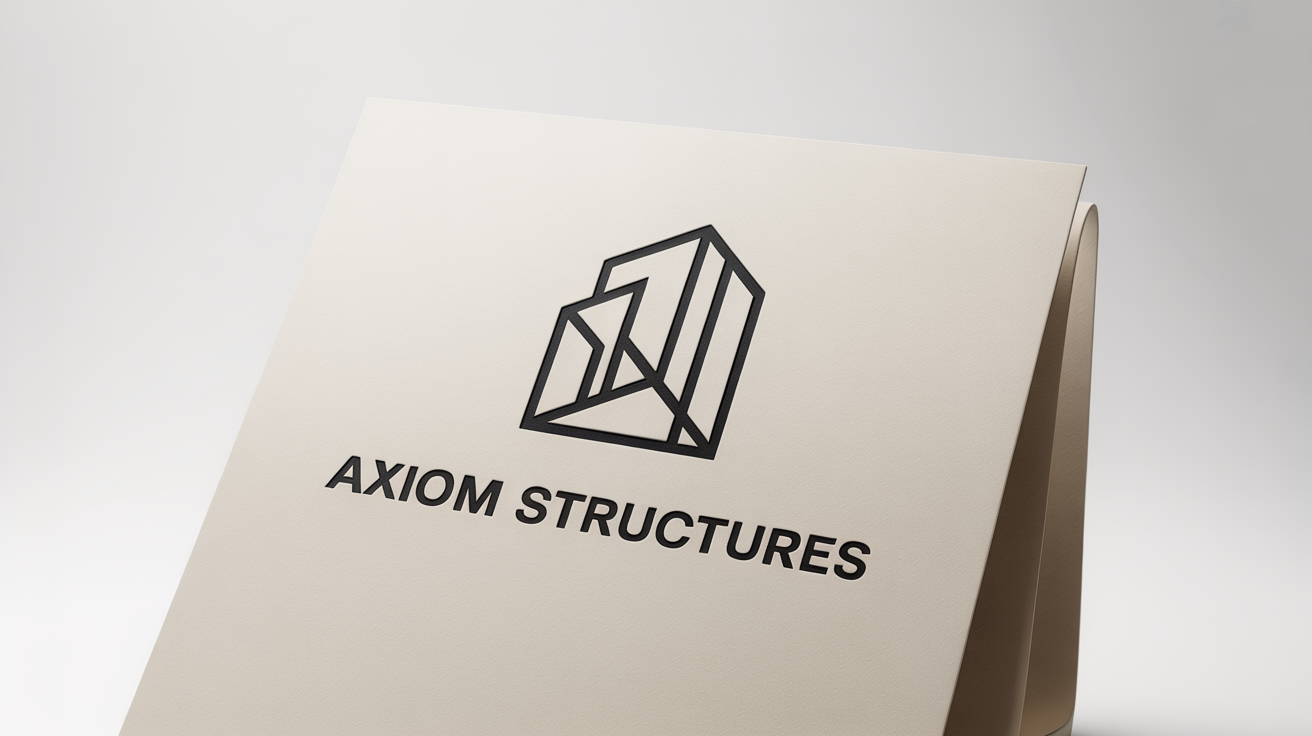 A minimalist and modern architecture logo mockup for the fictional company 'Axiom Structures', featuring a geometric building design in black on a white background.