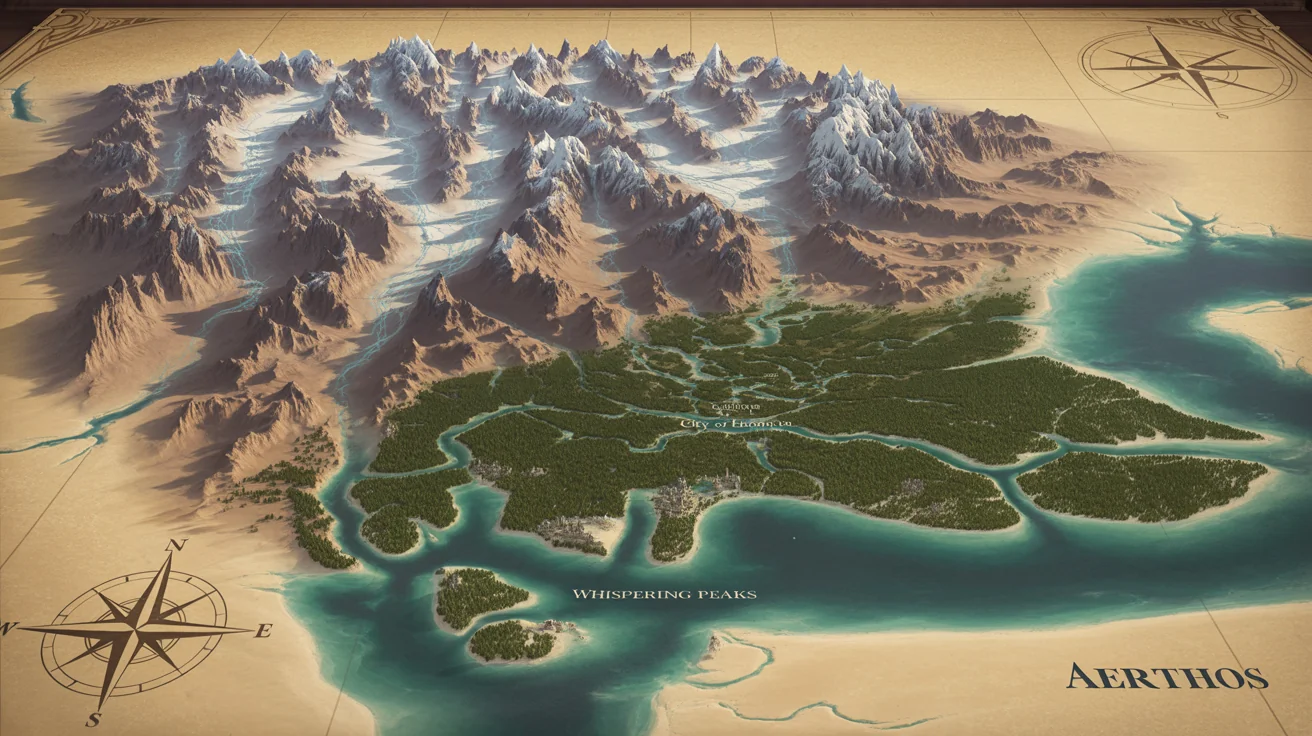 An intricately designed fantasy world map created by a world generator, featuring continents, mountain ranges, and forests with fantasy names on a parchment background.