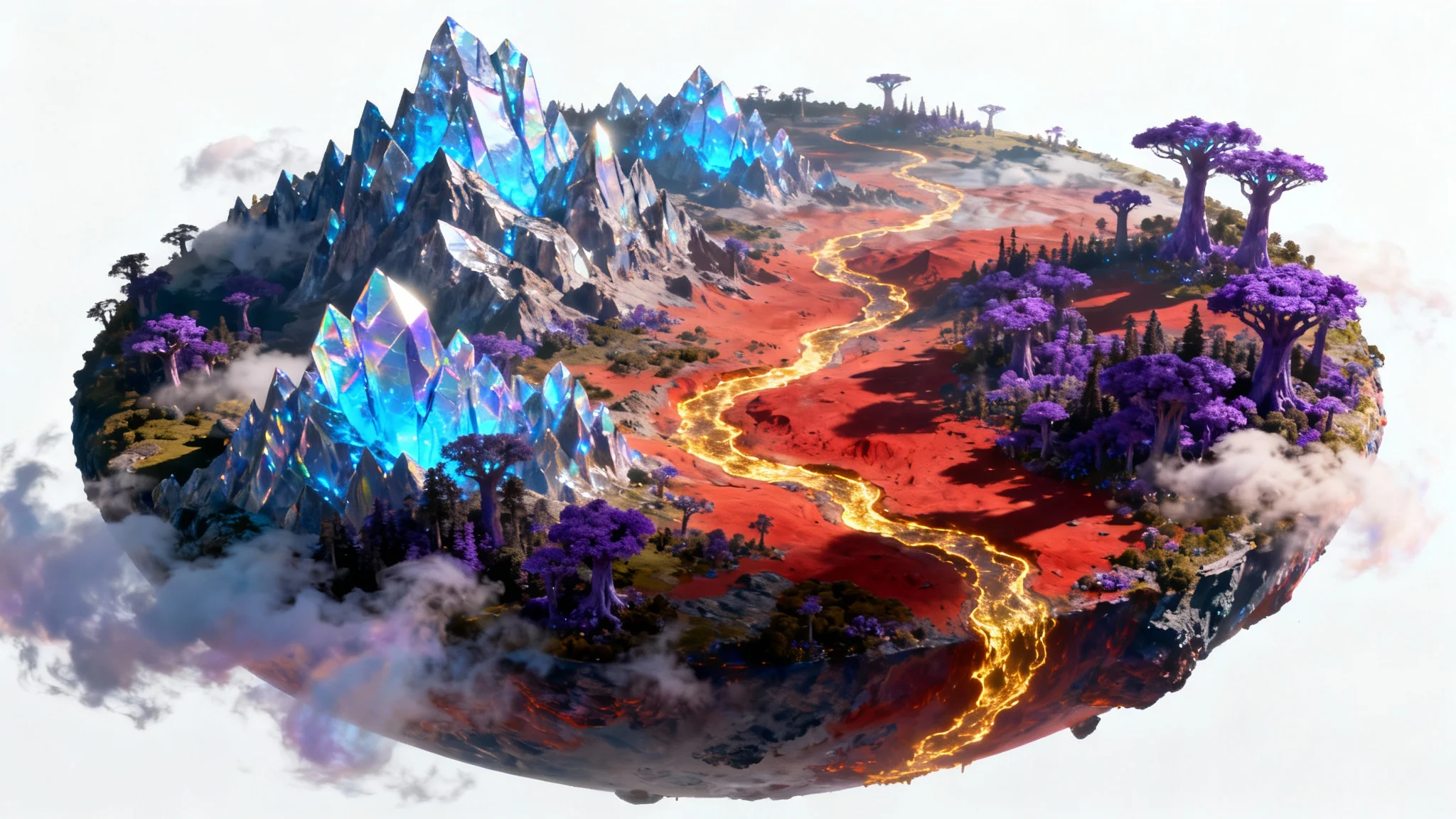 A beautifully rendered fantasy planet with glowing mountains and purple forests, isolated against a plain white background.