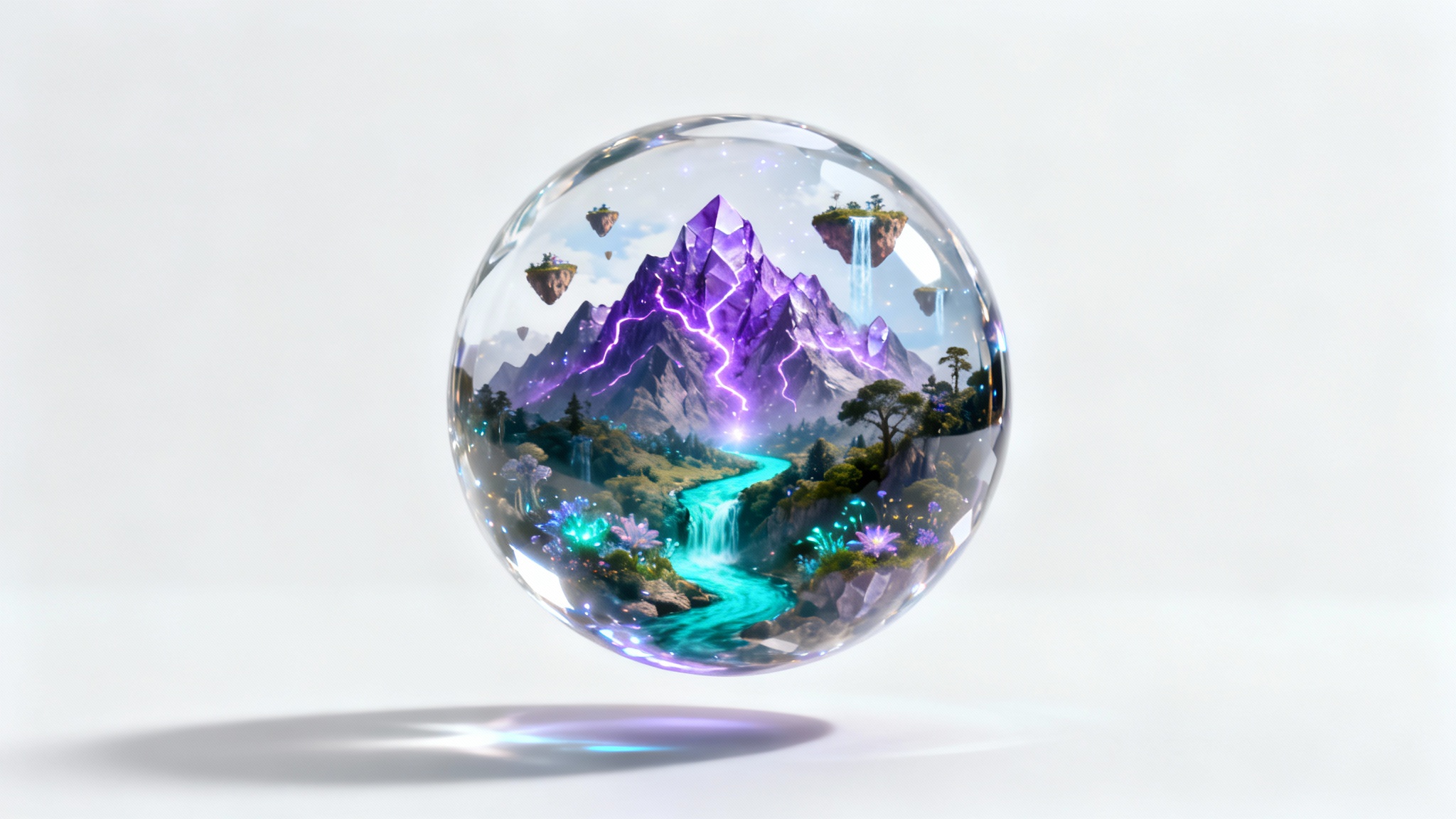 A crystal sphere on a white background, containing a miniature, detailed fantasy world with glowing mountains, a river, and floating islands, representing a world generator.