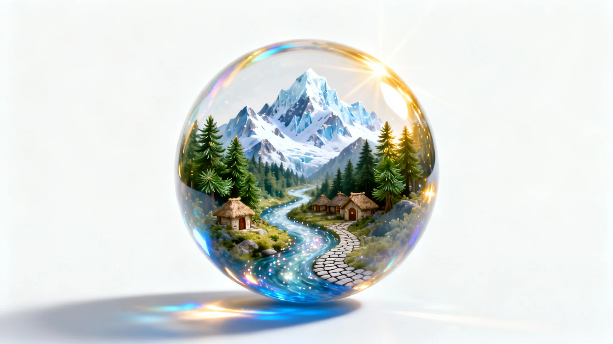 A hyper-realistic image of a glowing glass sphere floating against a white background, containing a complete and detailed miniature fantasy world with mountains, a forest, and a river.