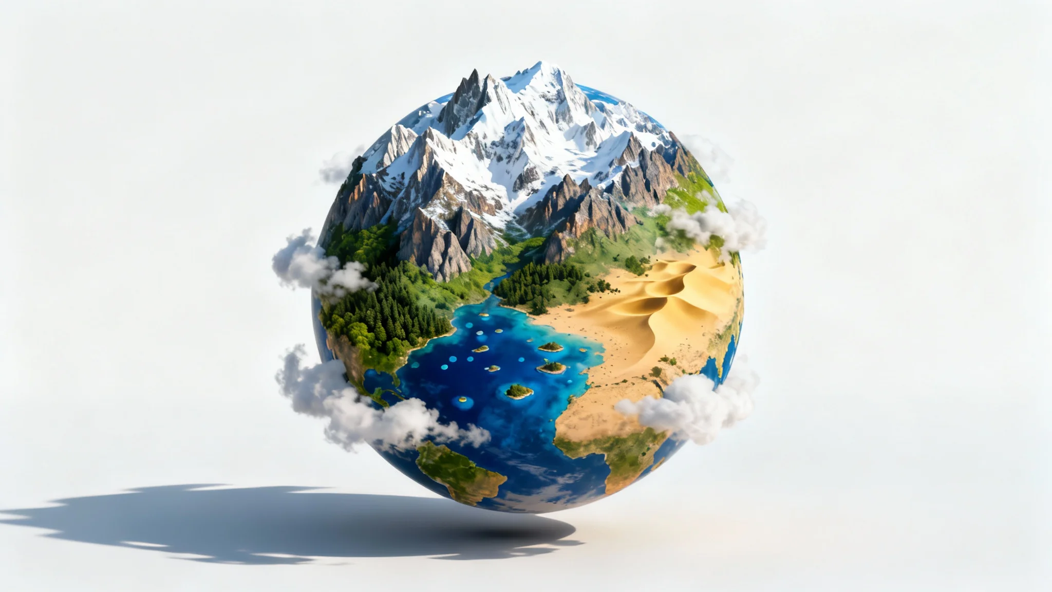 A photorealistic miniature globe showcasing a fantasy world with diverse biomes like mountains, forests, and oceans, floating against a clean white background.