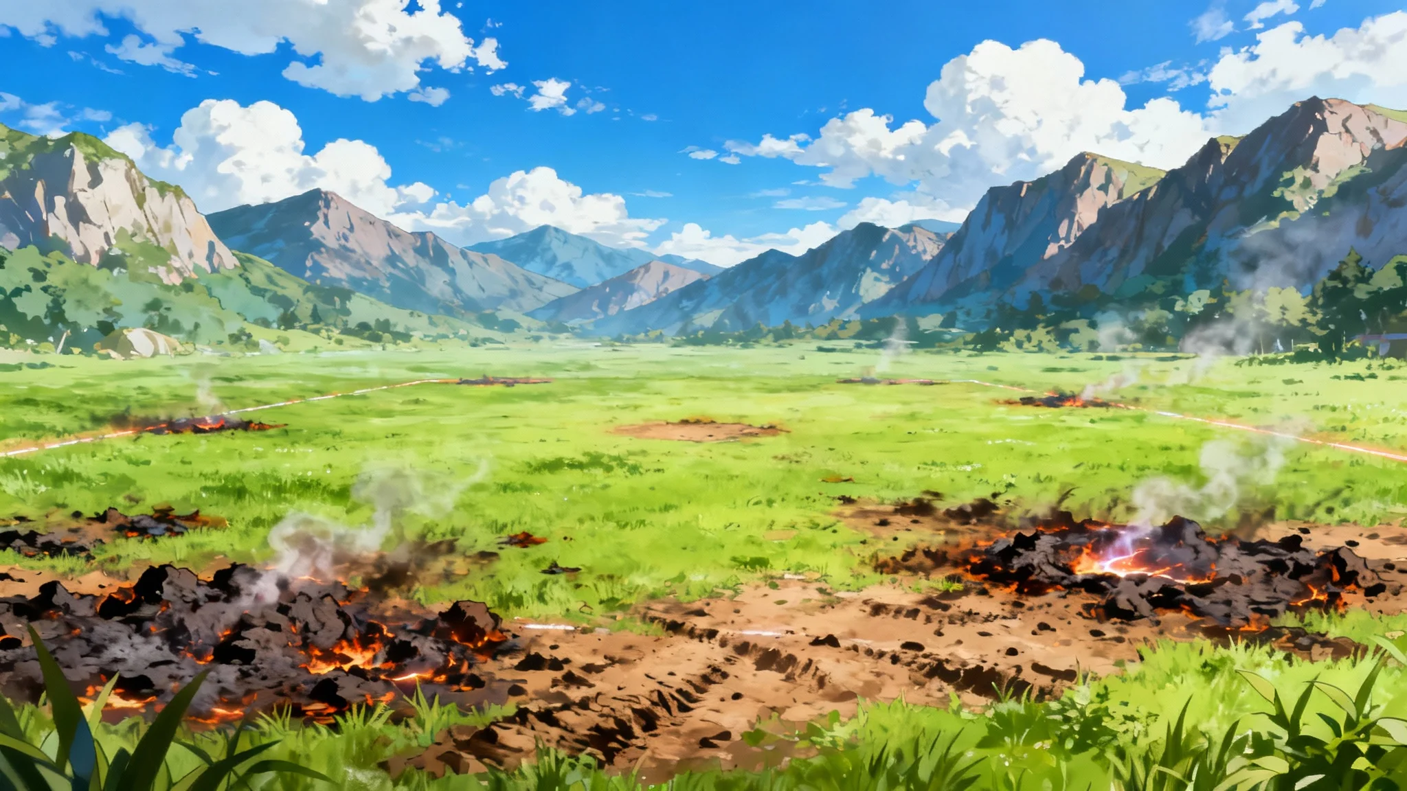 A digital painting of an empty Pokémon battle background, featuring a lush green meadow with scorched patches, set against a backdrop of distant mountains and a clear blue sky.