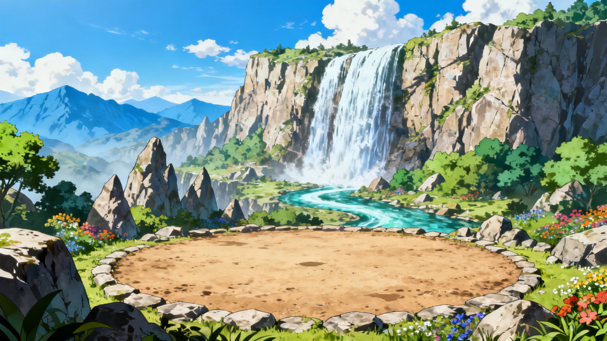 An anime-style background for a battle, set in a vibrant mountain clearing with a waterfall and a dirt arena in the foreground, reminiscent of a Pokémon battle scene.