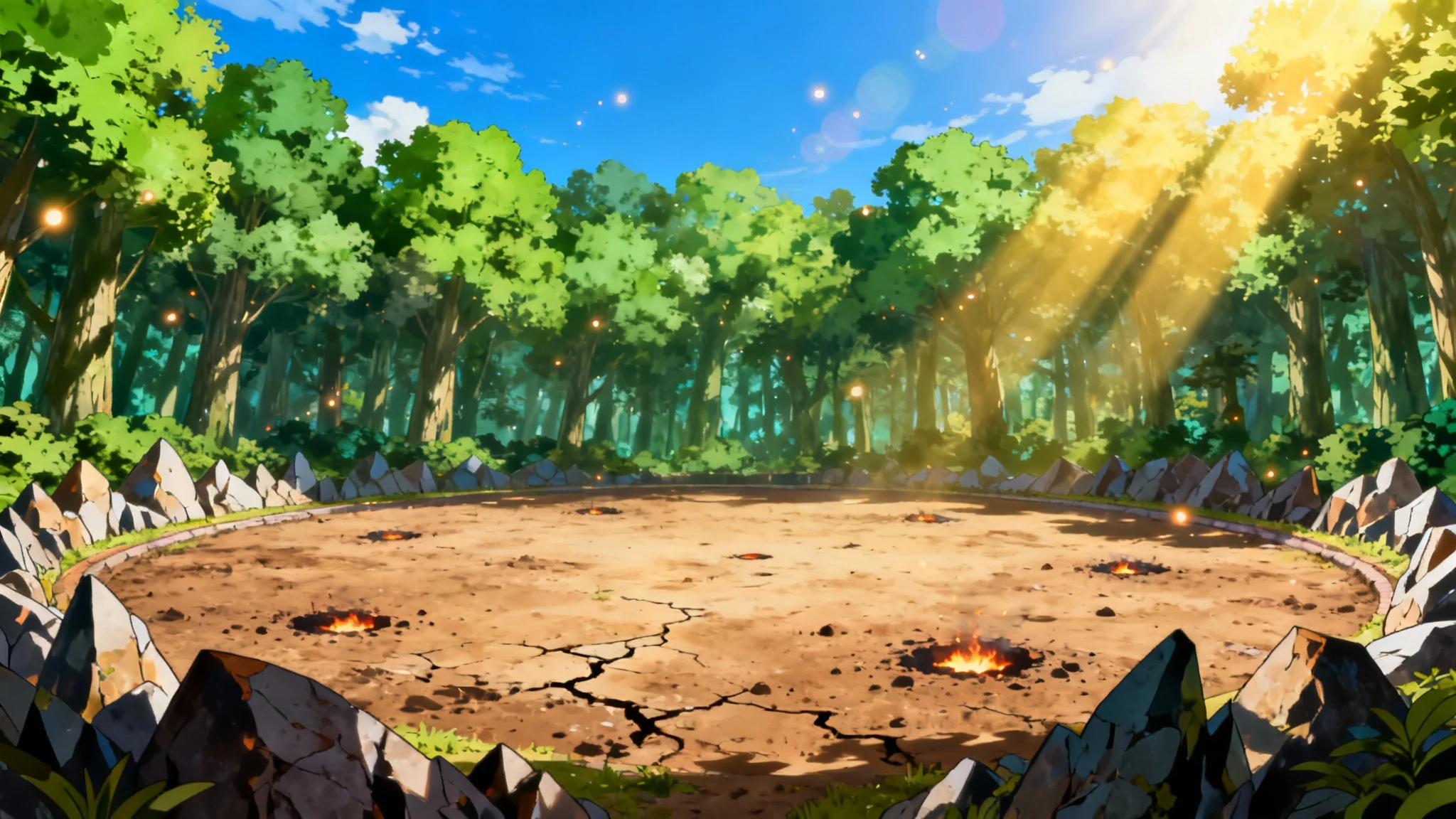 An anime-style background for a battle scene, set in a forest clearing. The ground is cracked and scorched, surrounded by jagged rocks and lush trees, with sunlight filtering through the canopy.