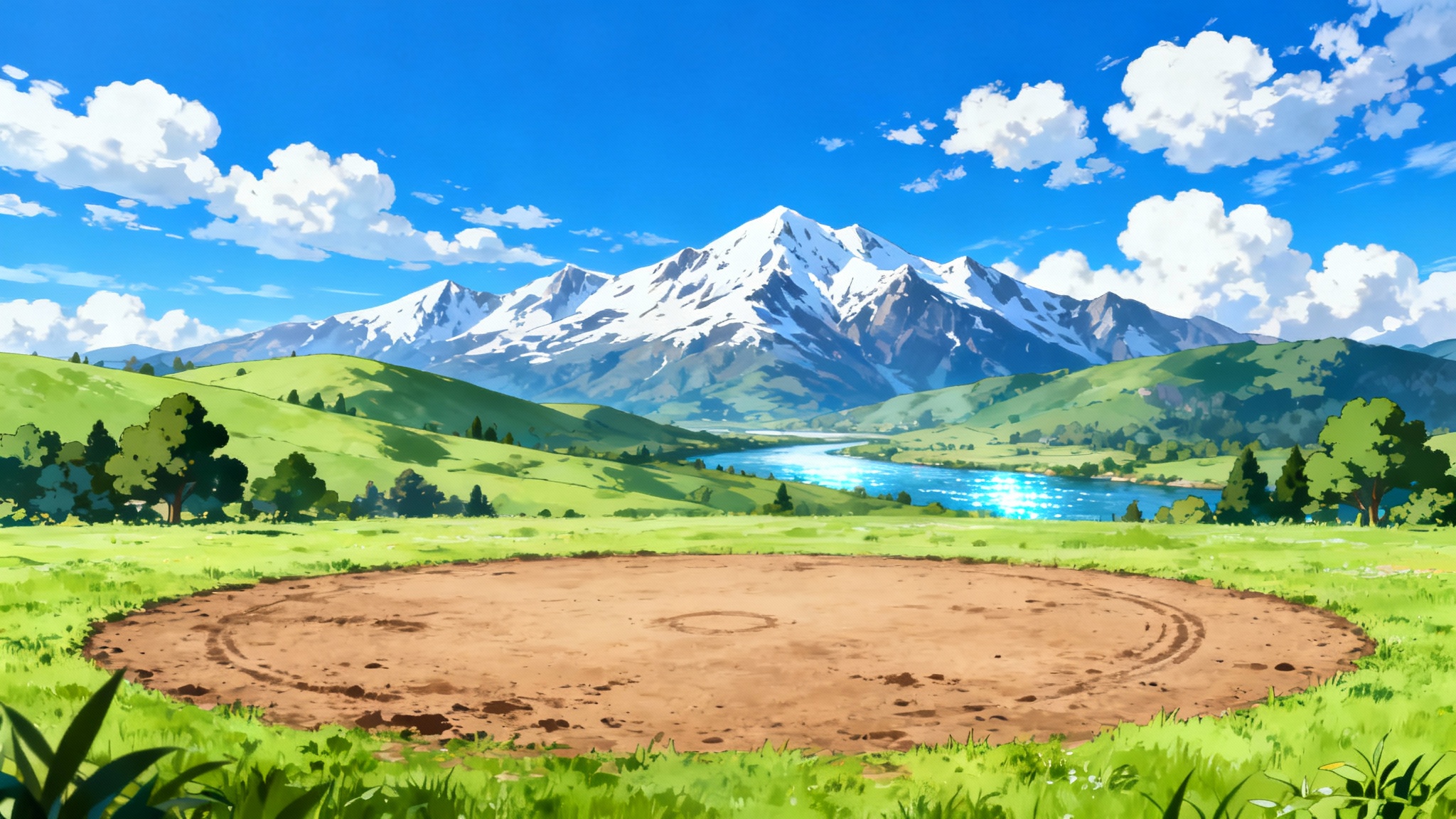 A vibrant, anime-style background for a Pokémon battle, featuring a grassy field arena, rolling hills, and distant mountains under a clear blue sky.