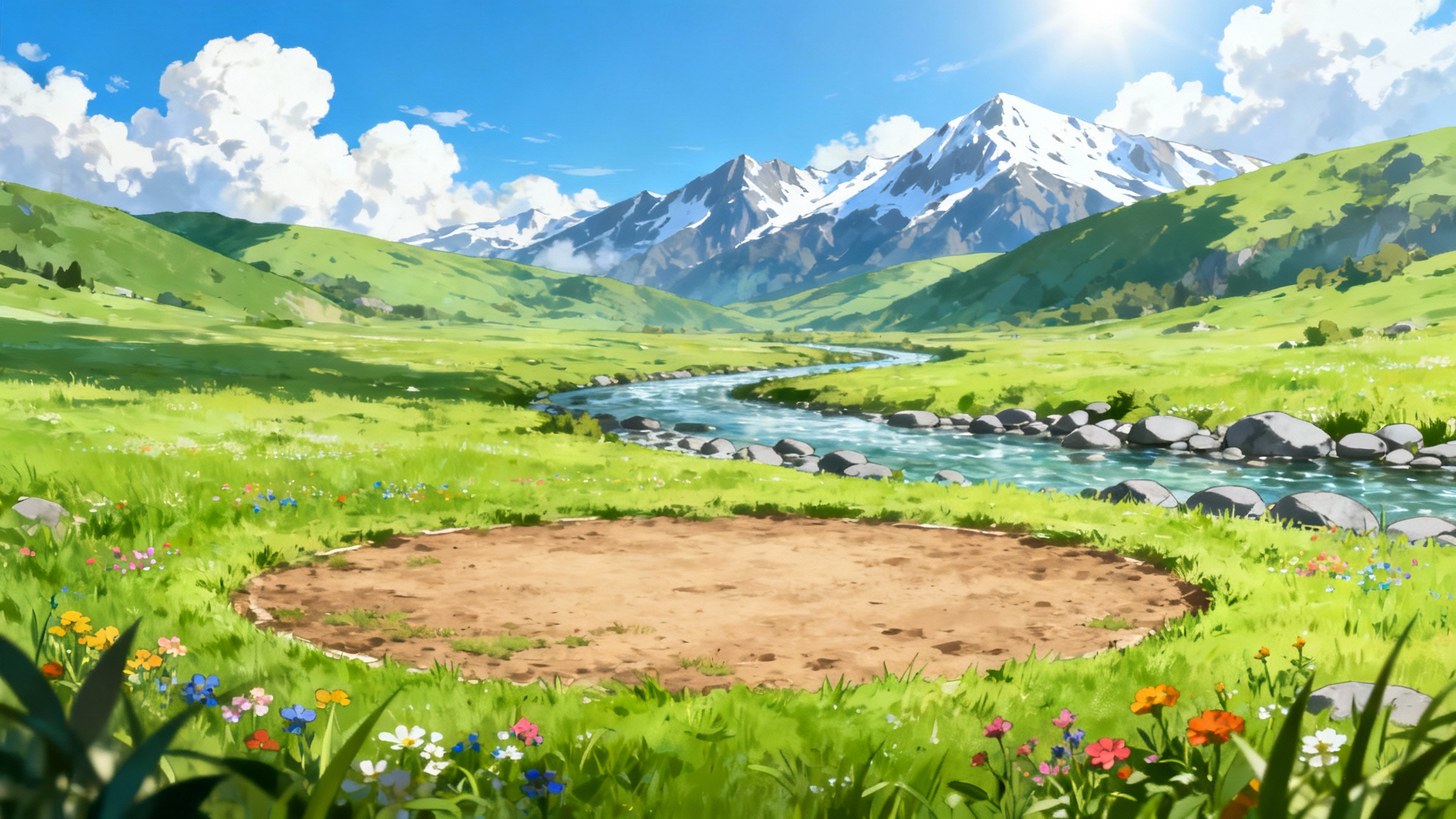 A vibrant, anime-style background for a Pokemon battle, featuring a grassy field with a battle-worn patch, a clear stream, and distant mountains under a sunny sky.