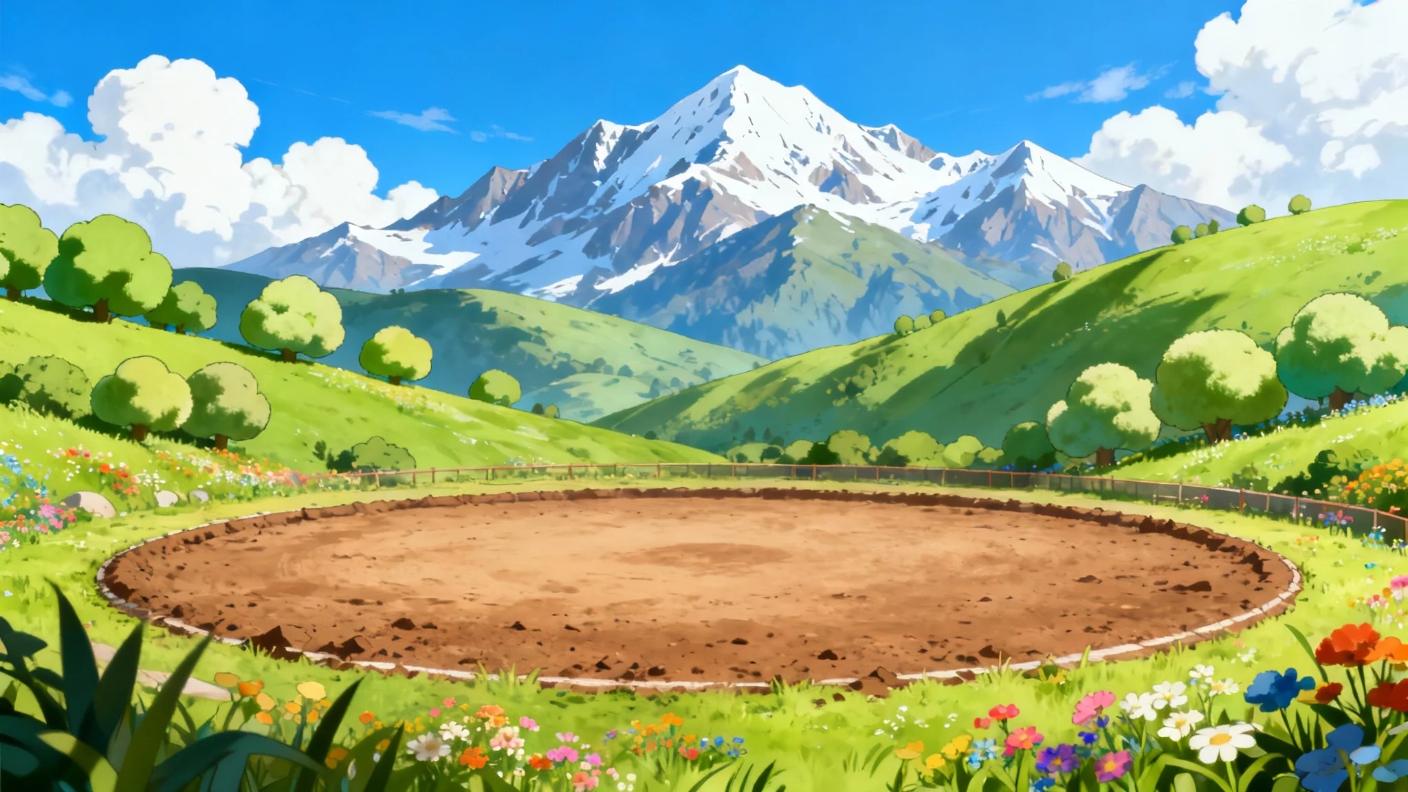 A vibrant, anime-style battle background featuring a circular dirt arena in a grassy field, with mountains in the distance, on a white background.