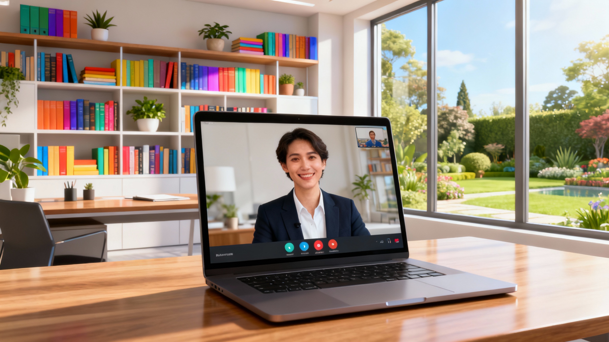 A person on a video call using a professional virtual background of a modern, well-lit office with a bookshelf and a large window.