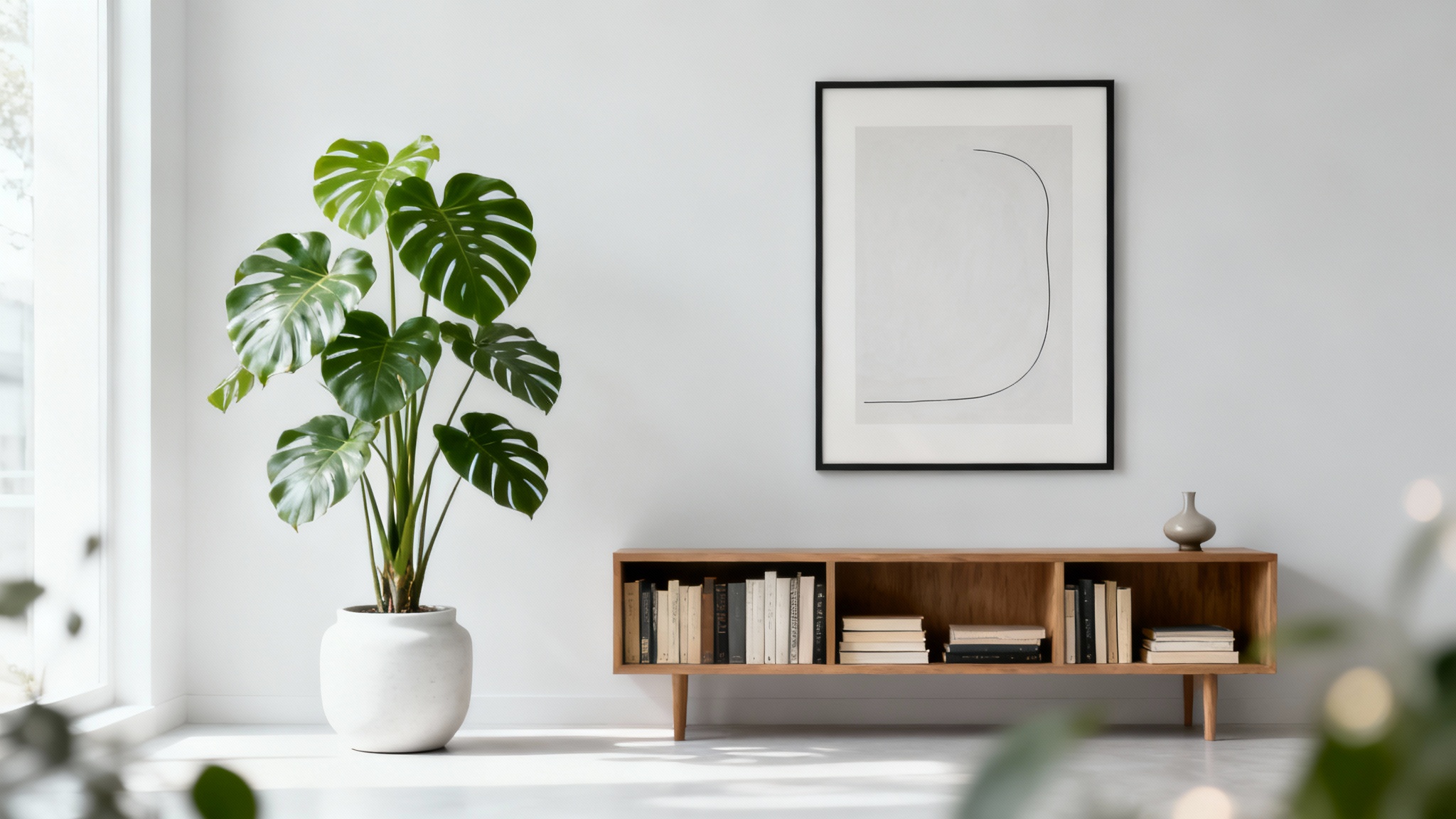 A professional and modern home office setup used as a virtual background for a video call, featuring a plant, bookshelf, and abstract art.