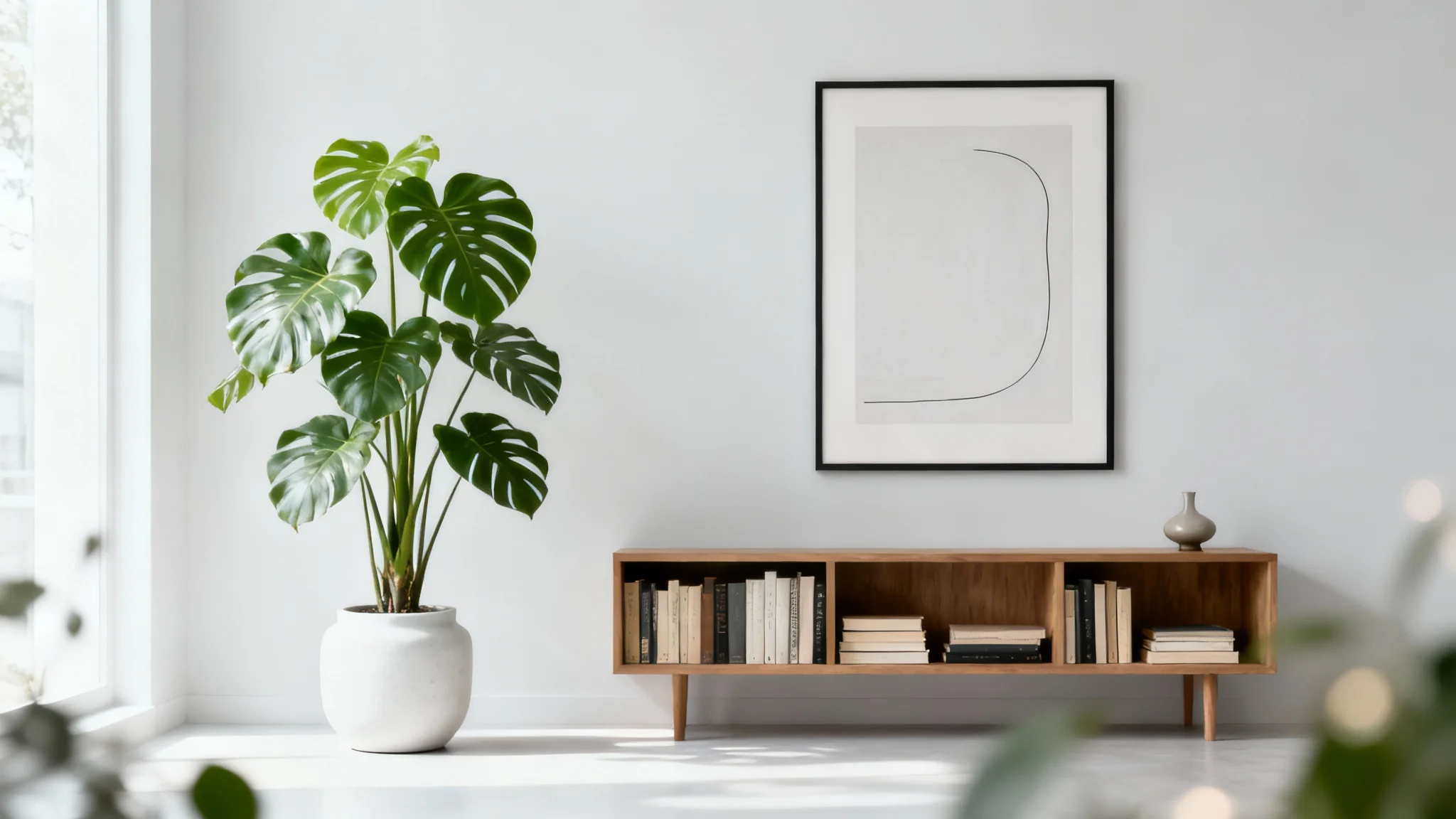 A professional and modern home office setup used as a virtual background for a video call, featuring a plant, bookshelf, and abstract art.