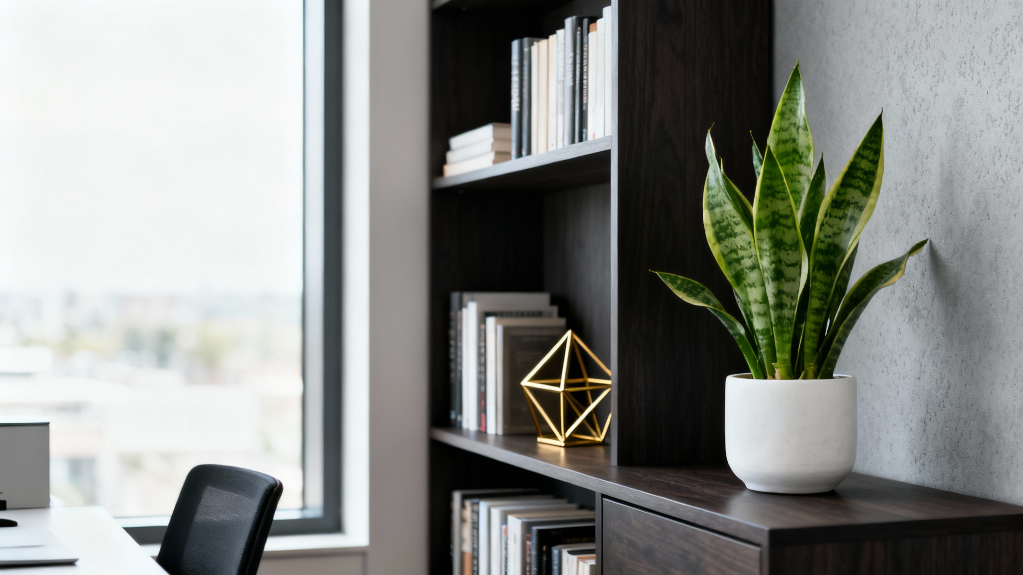 A professional, modern home office background for a video call, featuring a tidy bookshelf with curated decor and a plant, against a neutral wall with soft, natural lighting.