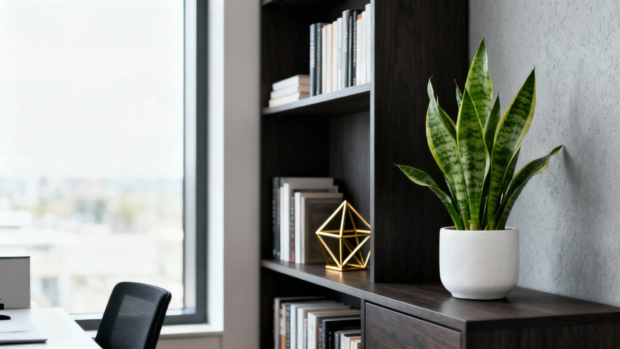 A professional, modern home office background for a video call, featuring a tidy bookshelf with curated decor and a plant, against a neutral wall with soft, natural lighting.