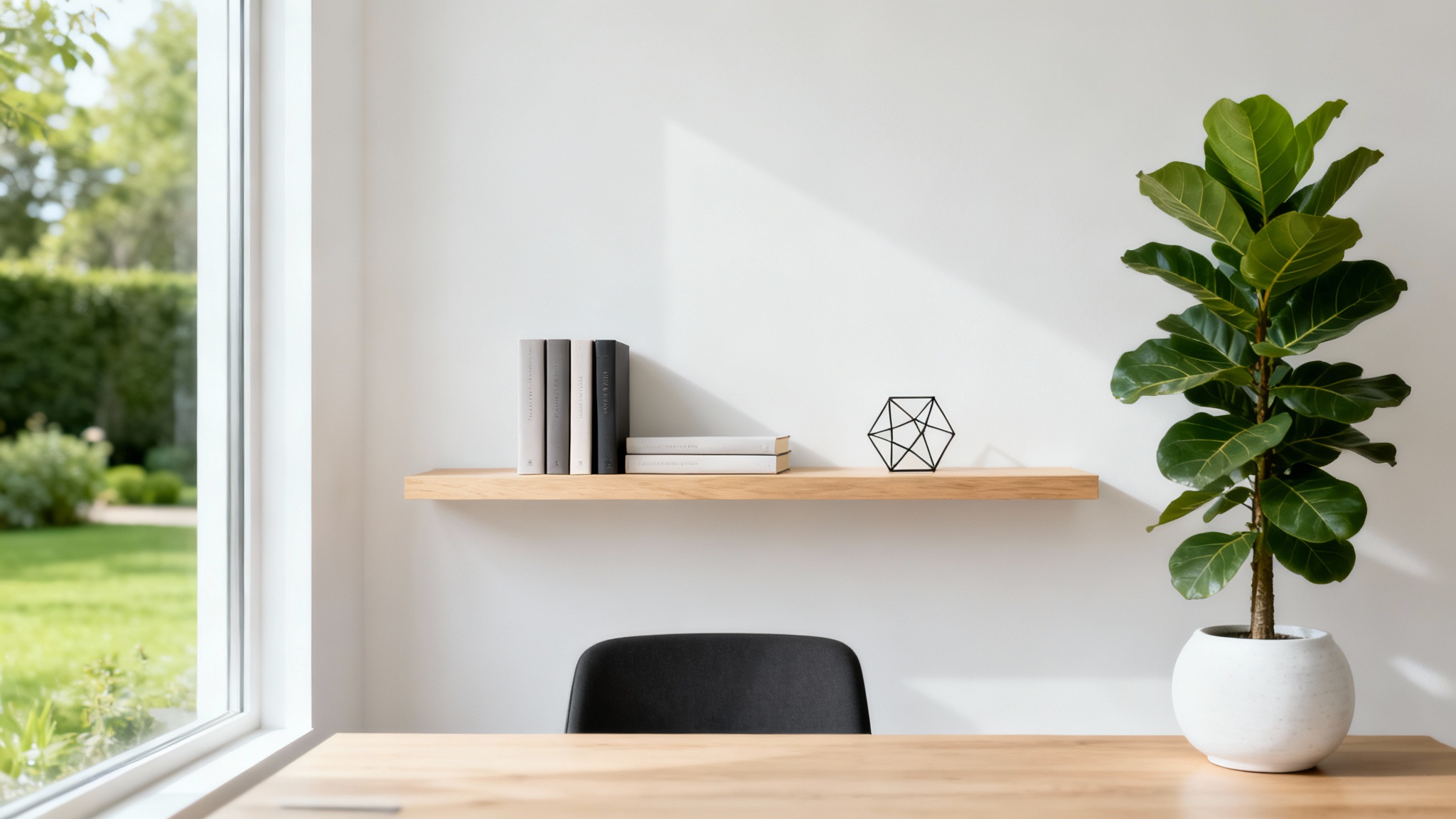 A professional and modern office setting for a Zoom background, featuring a clean white wall, a shelf with books, and a large potted plant next to a window.