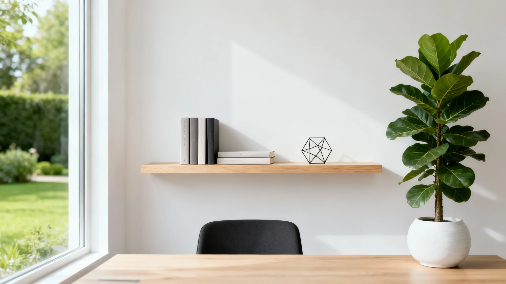 A professional and modern office setting for a Zoom background, featuring a clean white wall, a shelf with books, and a large potted plant next to a window.