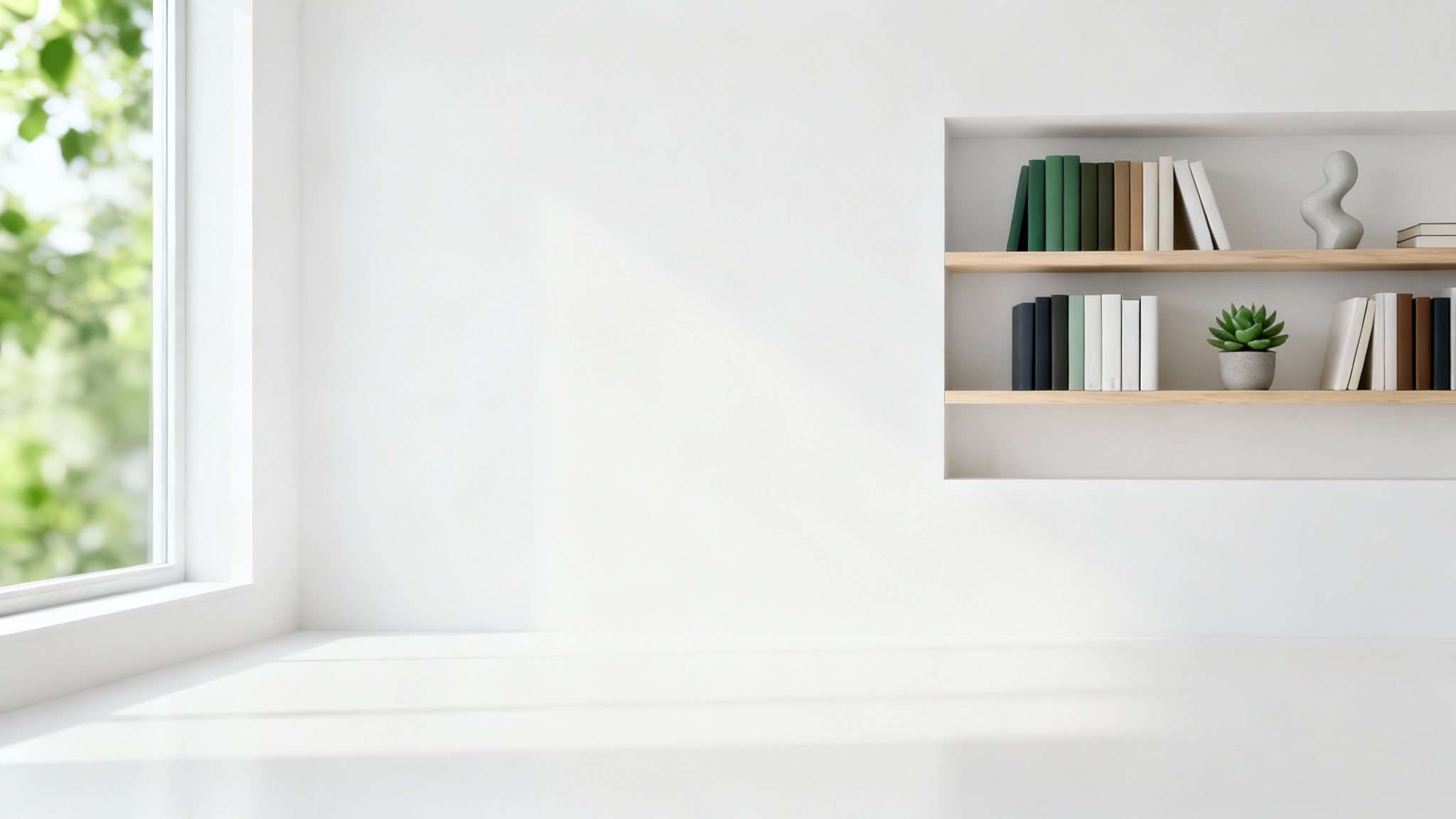 A photorealistic mockup of a modern home office designed for a virtual zoom background, featuring a bookshelf, a plant, and a window with natural light, all set against a white background.