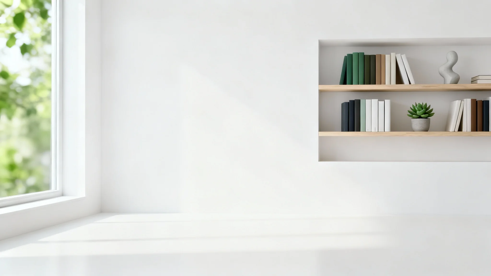 A photorealistic mockup of a modern home office designed for a virtual zoom background, featuring a bookshelf, a plant, and a window with natural light, all set against a white background.
