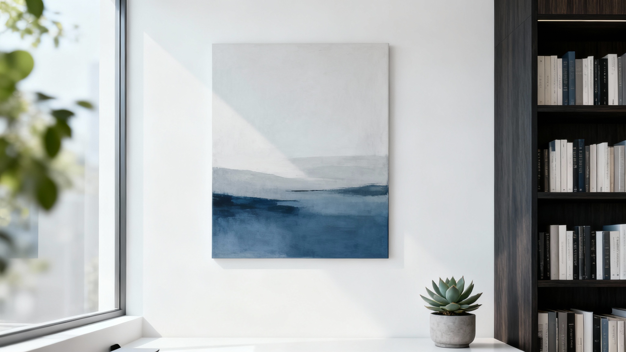 A stylish and professional home office setup designed as a virtual background, featuring a bookshelf, abstract art, and a window with a view.