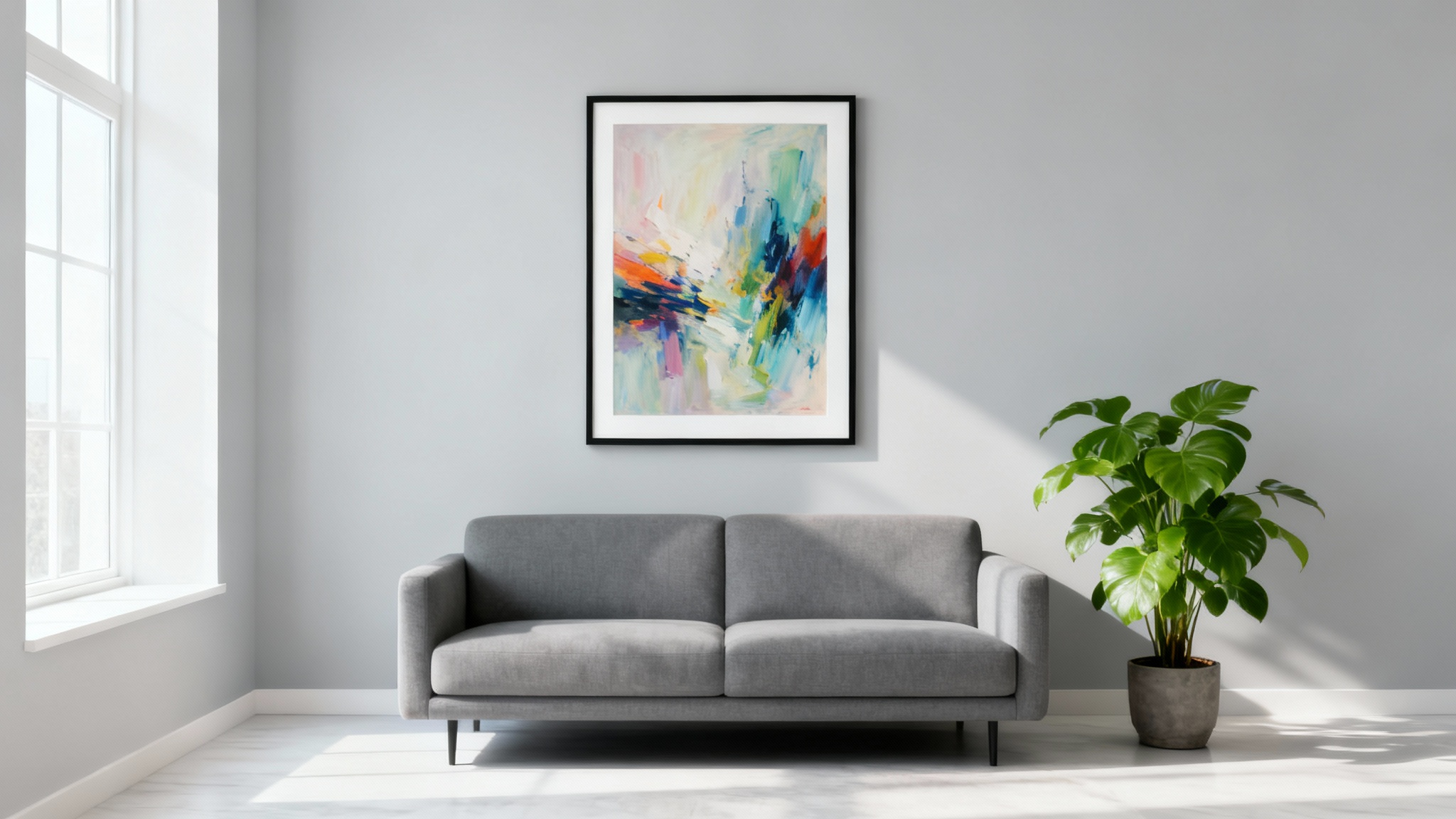A stylish living room interior showcasing a wall frame mockup with an abstract art print hanging above a modern sofa.