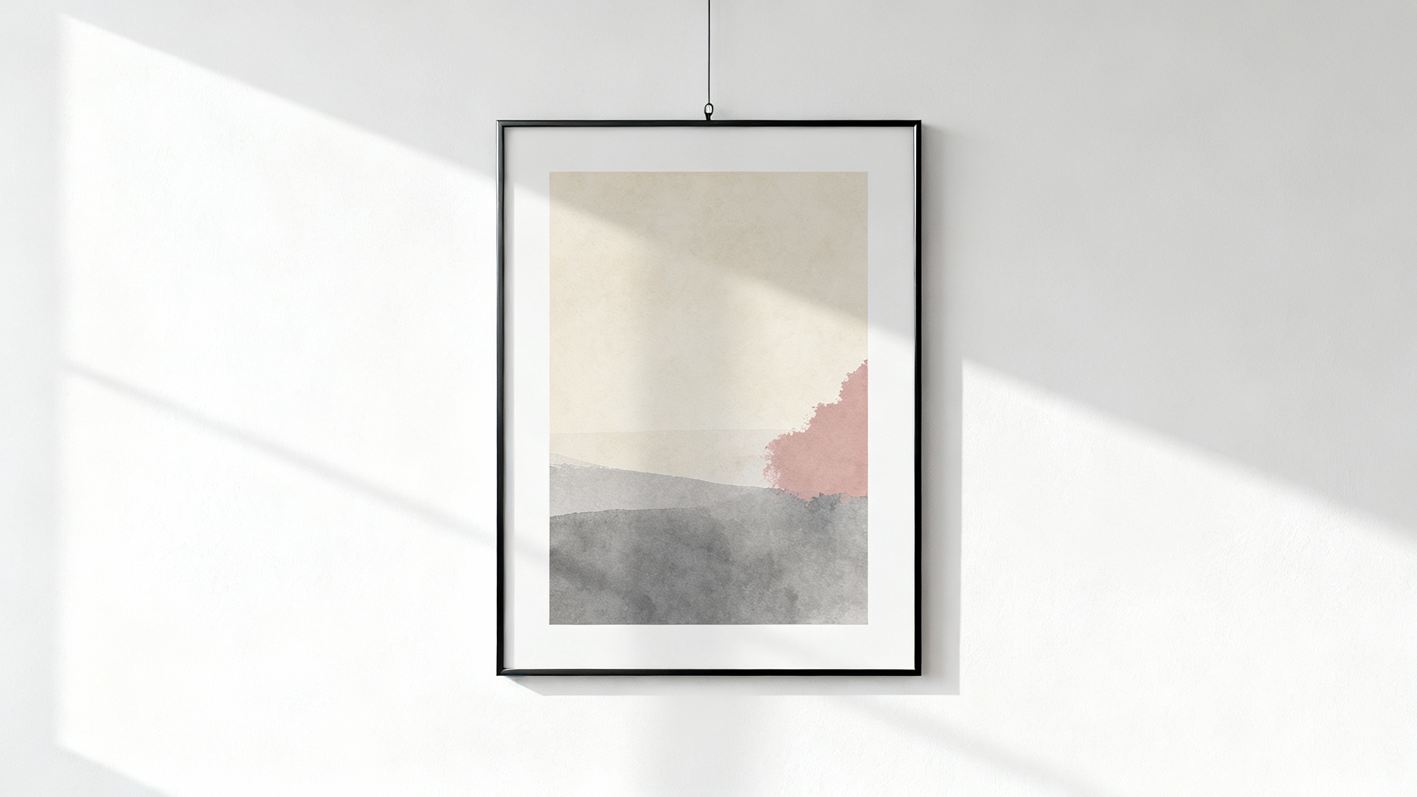 A minimalist mockup featuring a single black vertical frame with an abstract art print, hanging on a plain white wall, illuminated by soft side lighting.