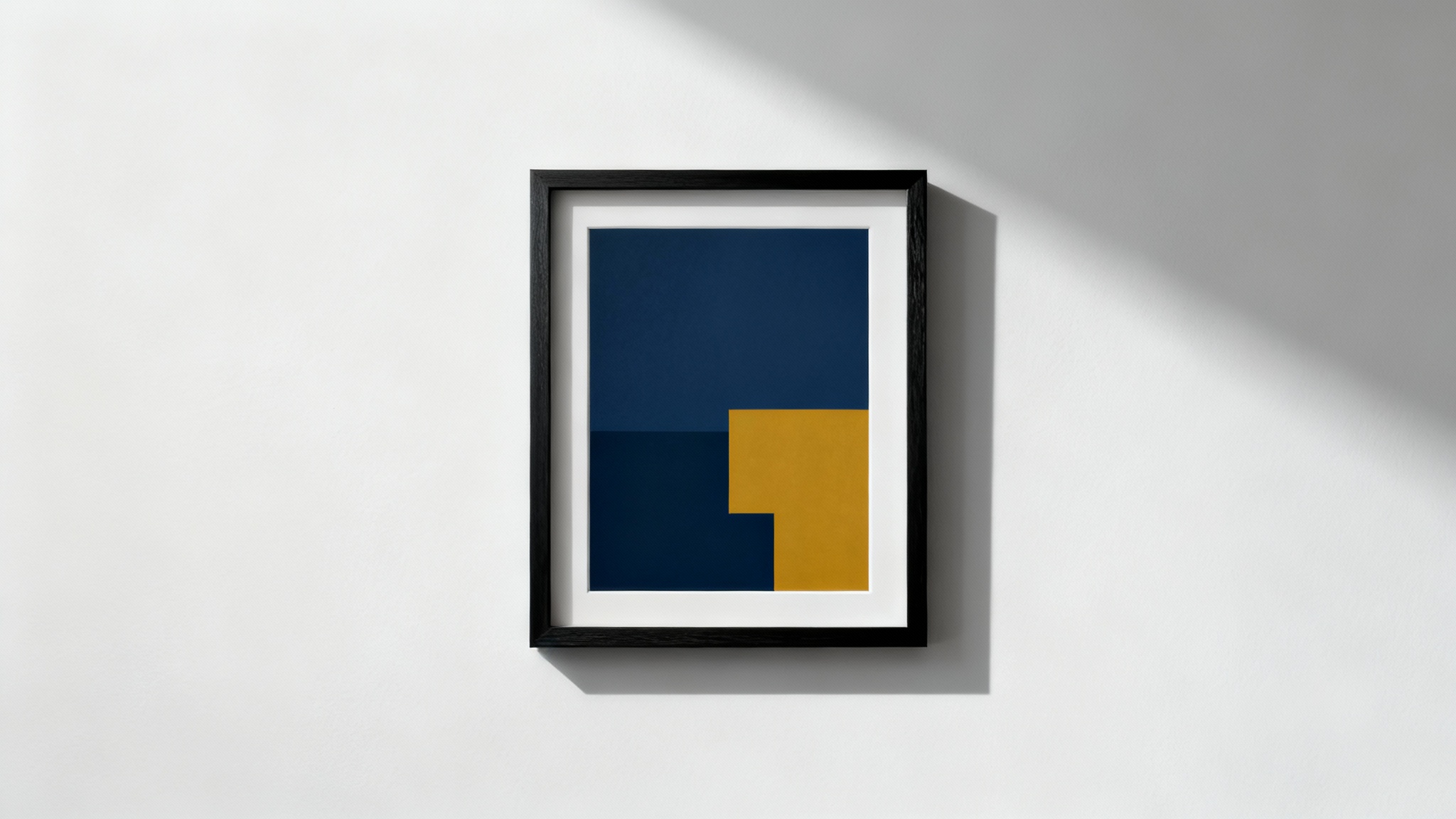 A minimalist mockup of a single black wooden frame holding an abstract art print, hanging on a clean white wall.
