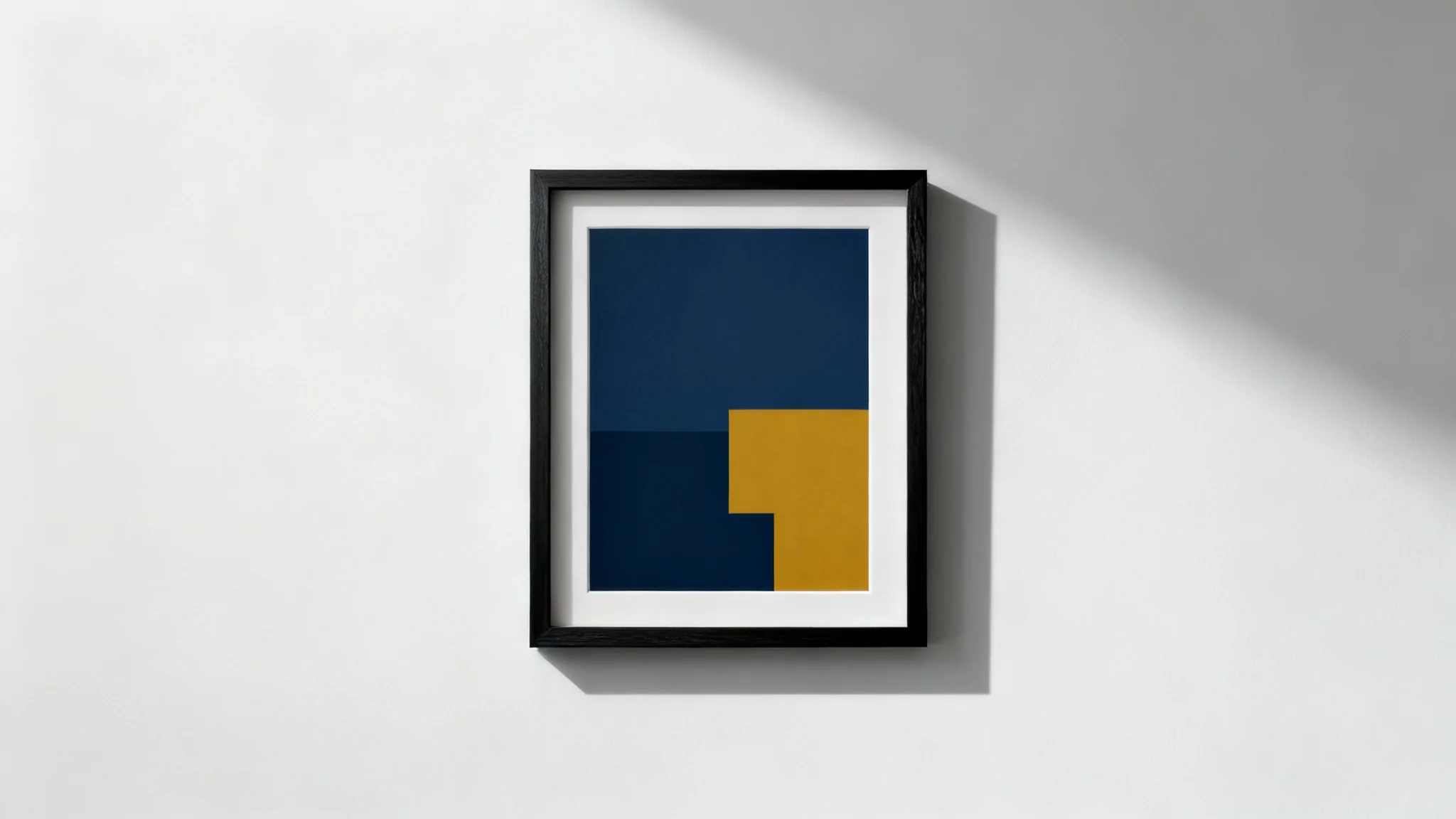 A minimalist mockup of a single black wooden frame holding an abstract art print, hanging on a clean white wall.