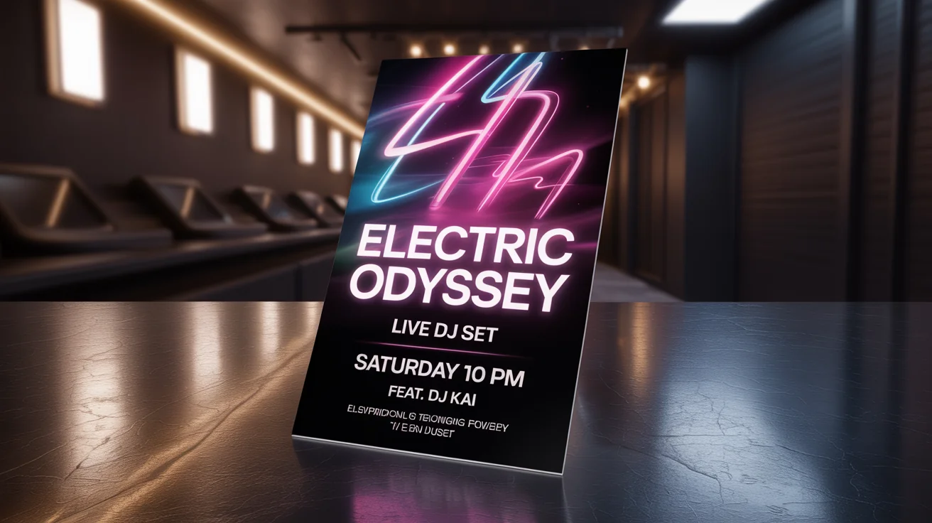 A professionally designed club flyer for an event called 'Electric Odyssey', featuring vibrant neon graphics and bold text, presented in a stylish photorealistic mockup on a dark surface.