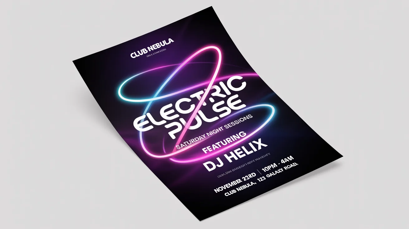 A modern, energetic club flyer mockup for an event called 'Electric Pulse', featuring DJ Helix. The design uses vibrant neon blue and pink graphics on a dark background and is displayed on a clean white surface.