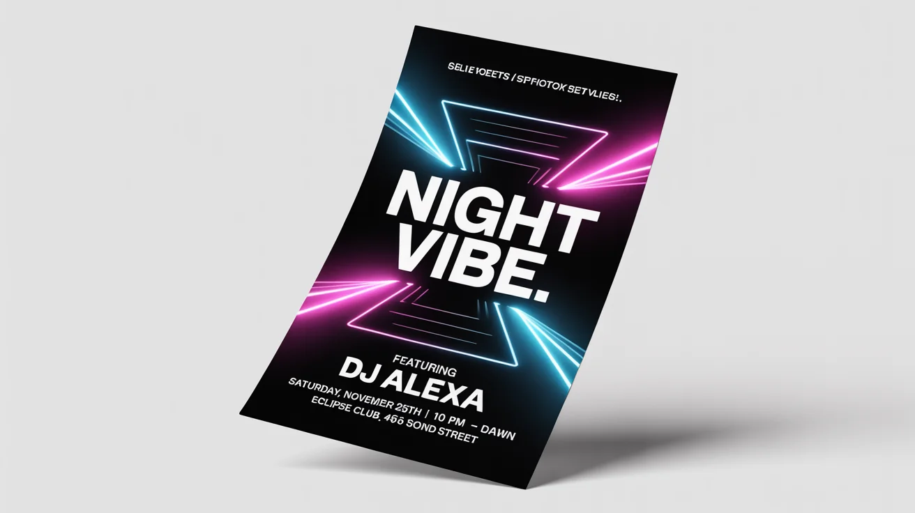A modern club flyer mockup for an event called 'Night Vibe' featuring DJ Alexa, displayed on a clean white background. The flyer has a dark design with neon blue and pink accents.