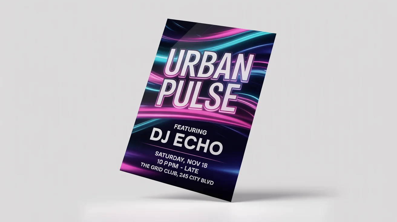 A mockup of a stylish club flyer for an event called 'Urban Pulse'. The flyer features neon pink and blue graphics on a dark background and is displayed on a clean white surface.