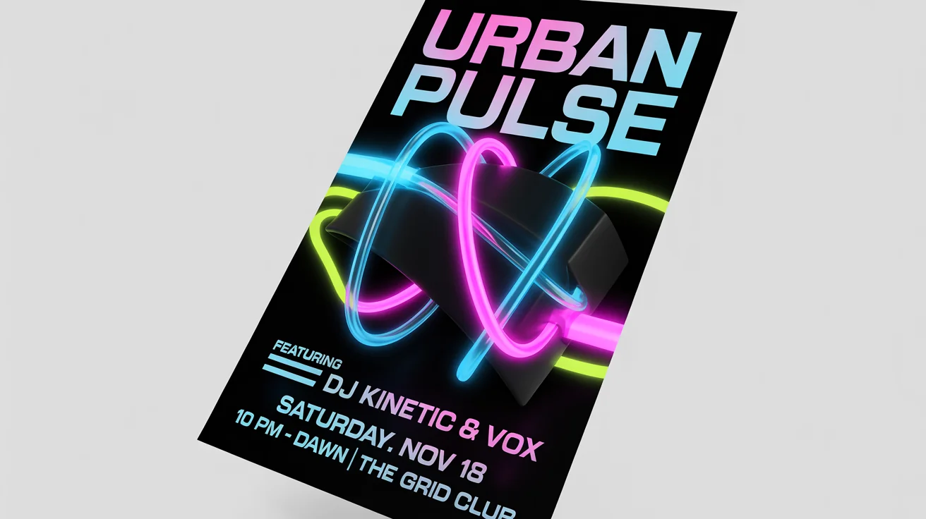 A mockup of an energetic club flyer for an event called 'Urban Pulse'. The design features a dark background with glowing neon blue and magenta text and graphics, all displayed against a plain white background.