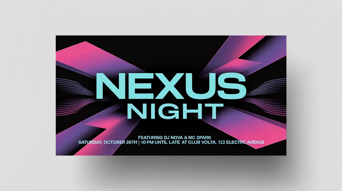 A modern club flyer mockup for an event called 'Nexus Night,' featuring DJ Nova and MC Spark. The flyer has a dark design with bright neon text and graphics, and is displayed against a white background.