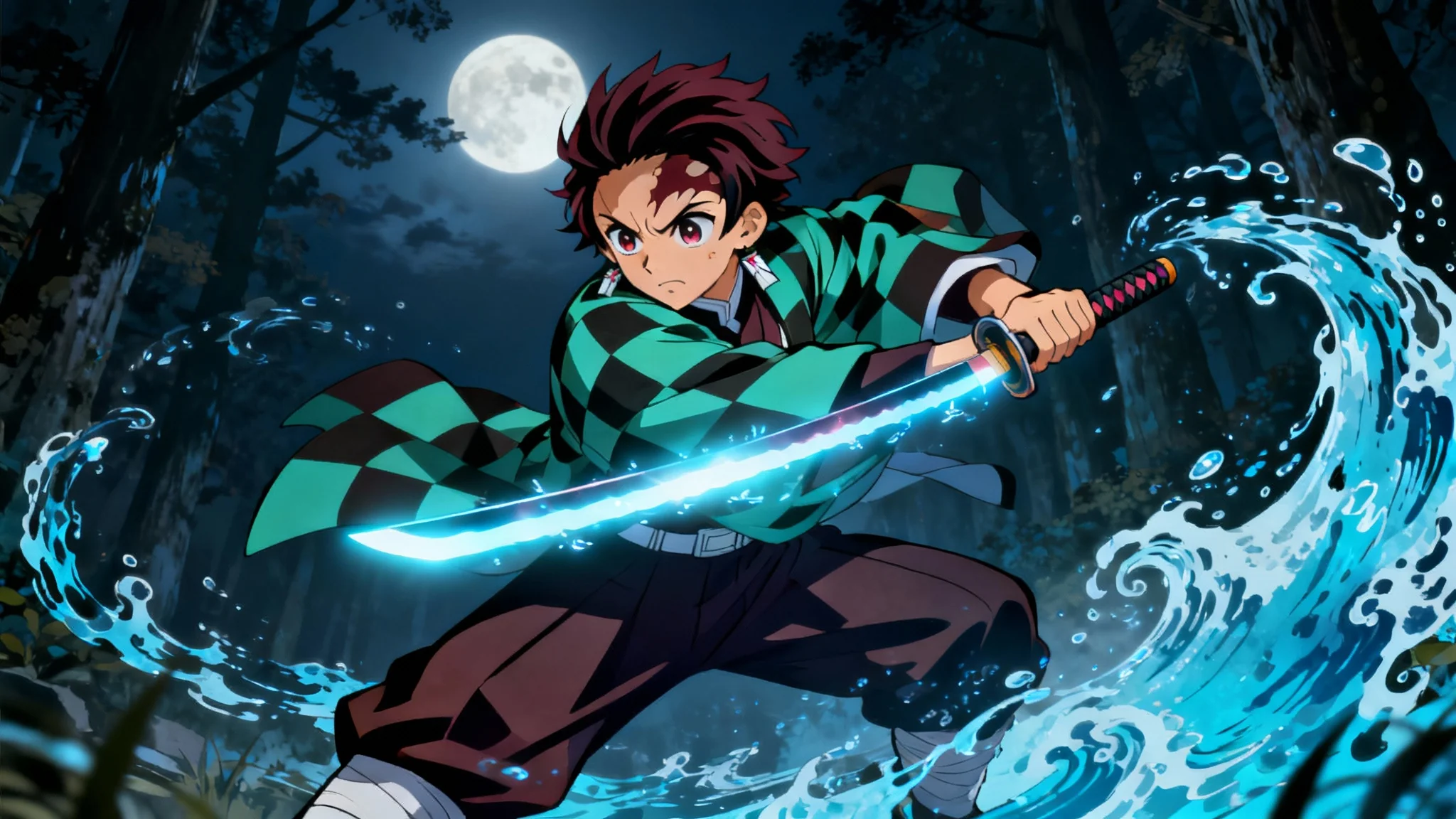 A dynamic digital illustration in the style of the anime Demon Slayer, showing a warrior in mid-battle in a dark forest, their katana surrounded by swirling blue water effects.