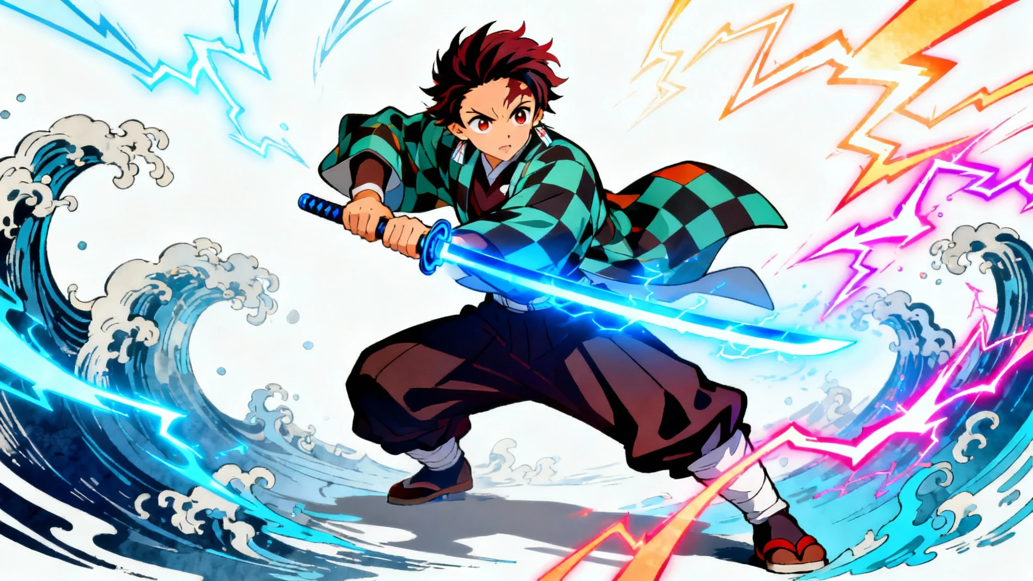 An anime illustration of a Demon Slayer character in a dynamic pose with a glowing sword against a white background, surrounded by stylized elemental energy.