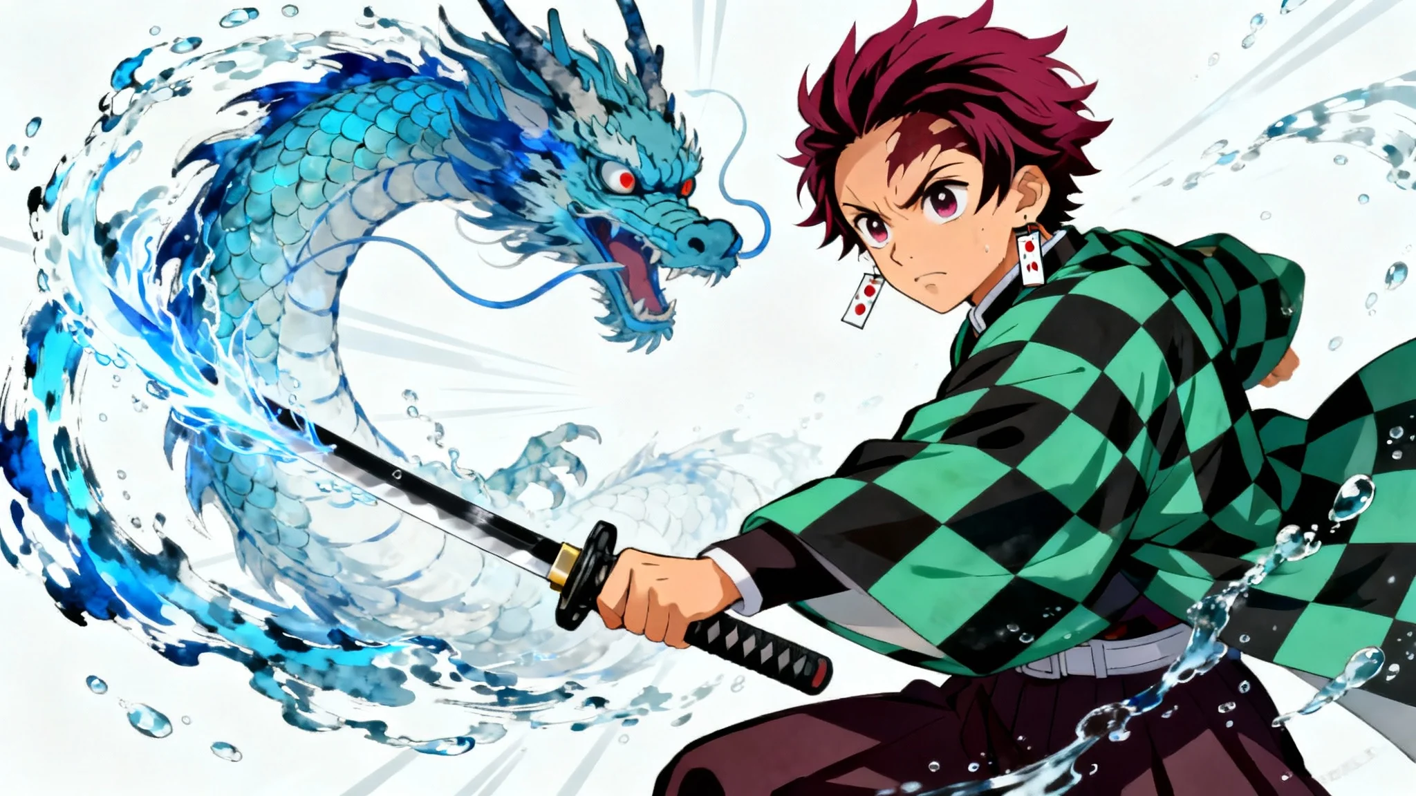 An anime-style illustration of the character Tanjiro Kamado from Demon Slayer performing a Water Breathing technique, with a blue water dragon swirling from his sword against a stark white background.