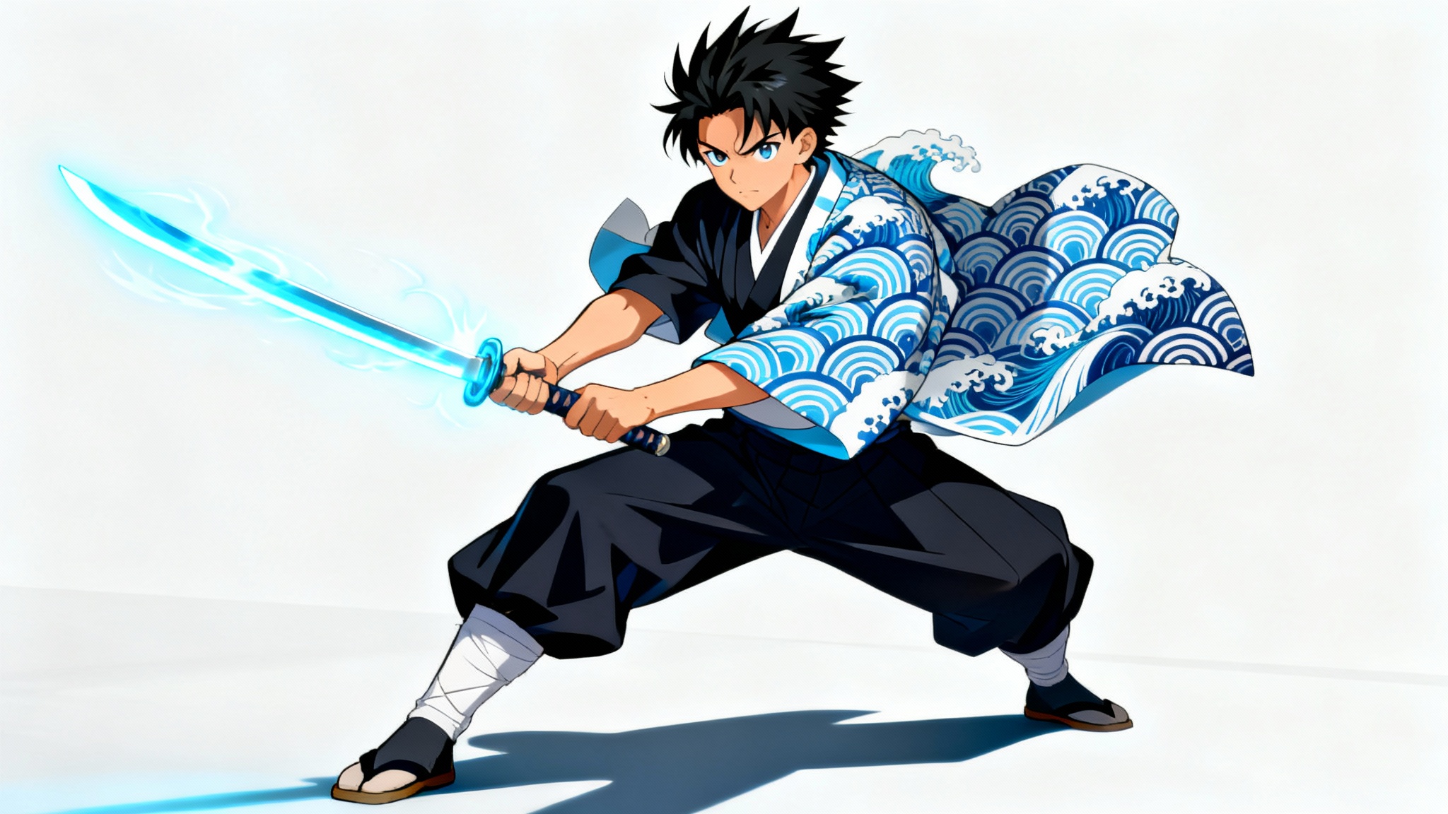 An anime-style demon slayer with a glowing blue katana stands in a dynamic fighting pose against a solid white background, ready for battle.