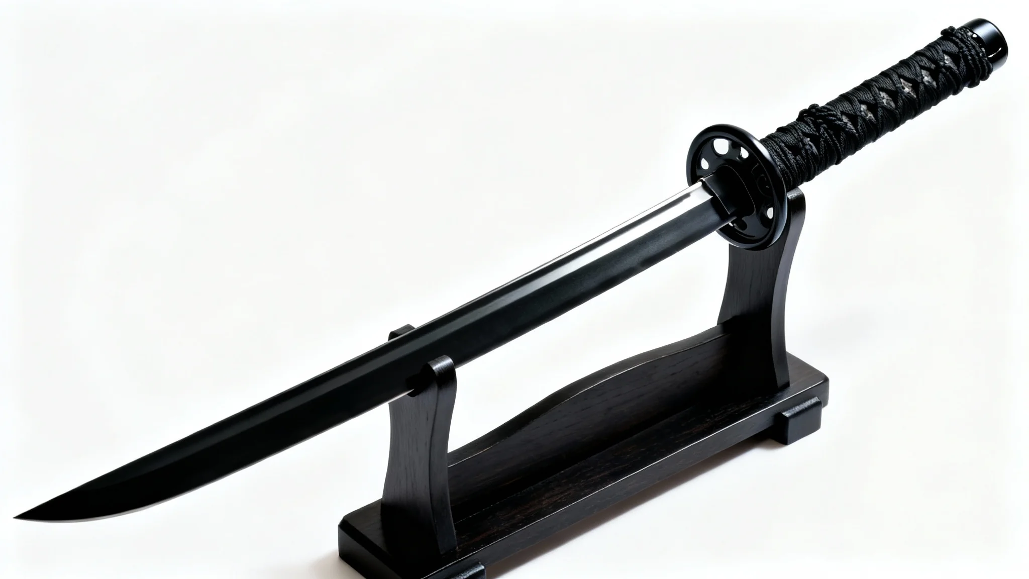A photorealistic image of a black Nichirin sword, inspired by Demon Slayer, displayed on a wooden stand against a clean white background.
