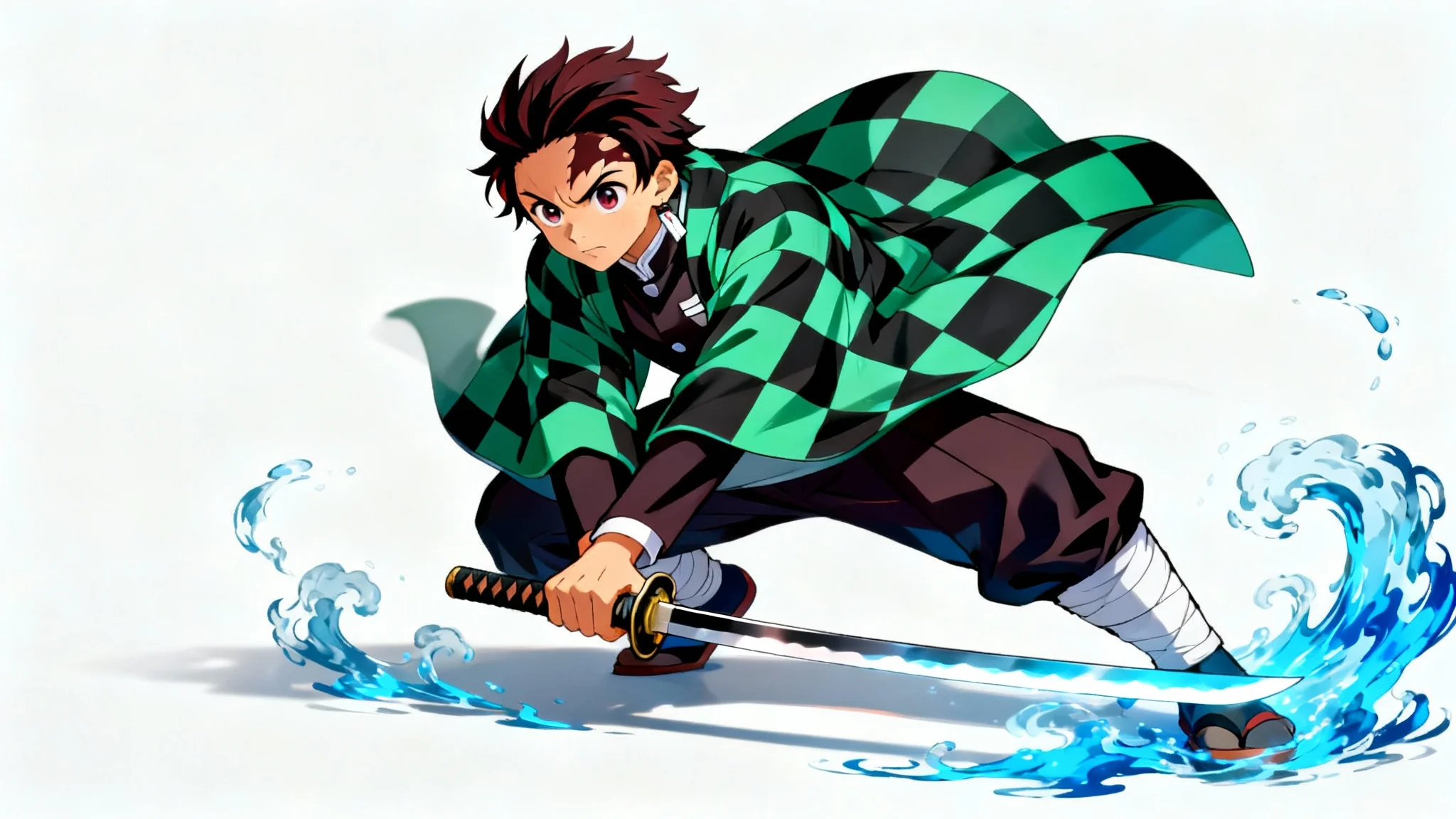 An anime illustration of a swordsman in a green and black checkered haori, poised to draw his katana as blue water energy swirls around him, all set against a clean white background.