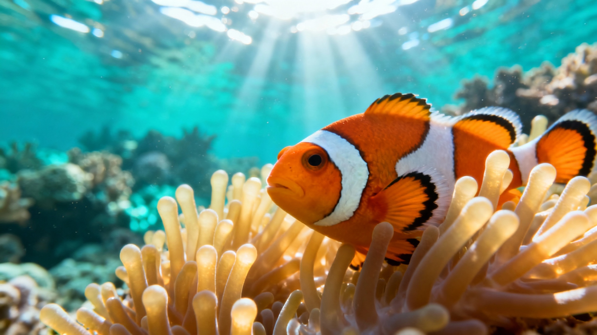 A close-up, highly detailed photo of a vibrant orange and white clownfish peeking out from the tentacles of a sea anemone in crystal clear blue water.