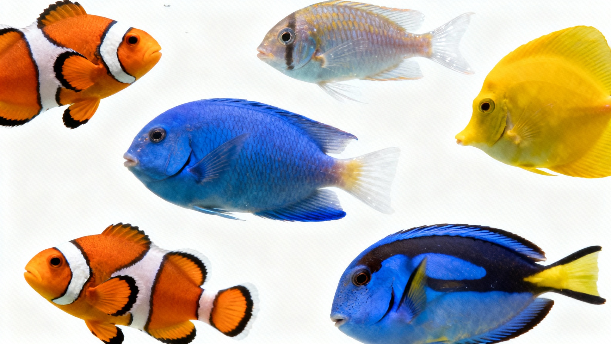 A hyper-realistic image of several colorful tropical fish, including a clownfish and a blue tang, floating against a clean white background.
