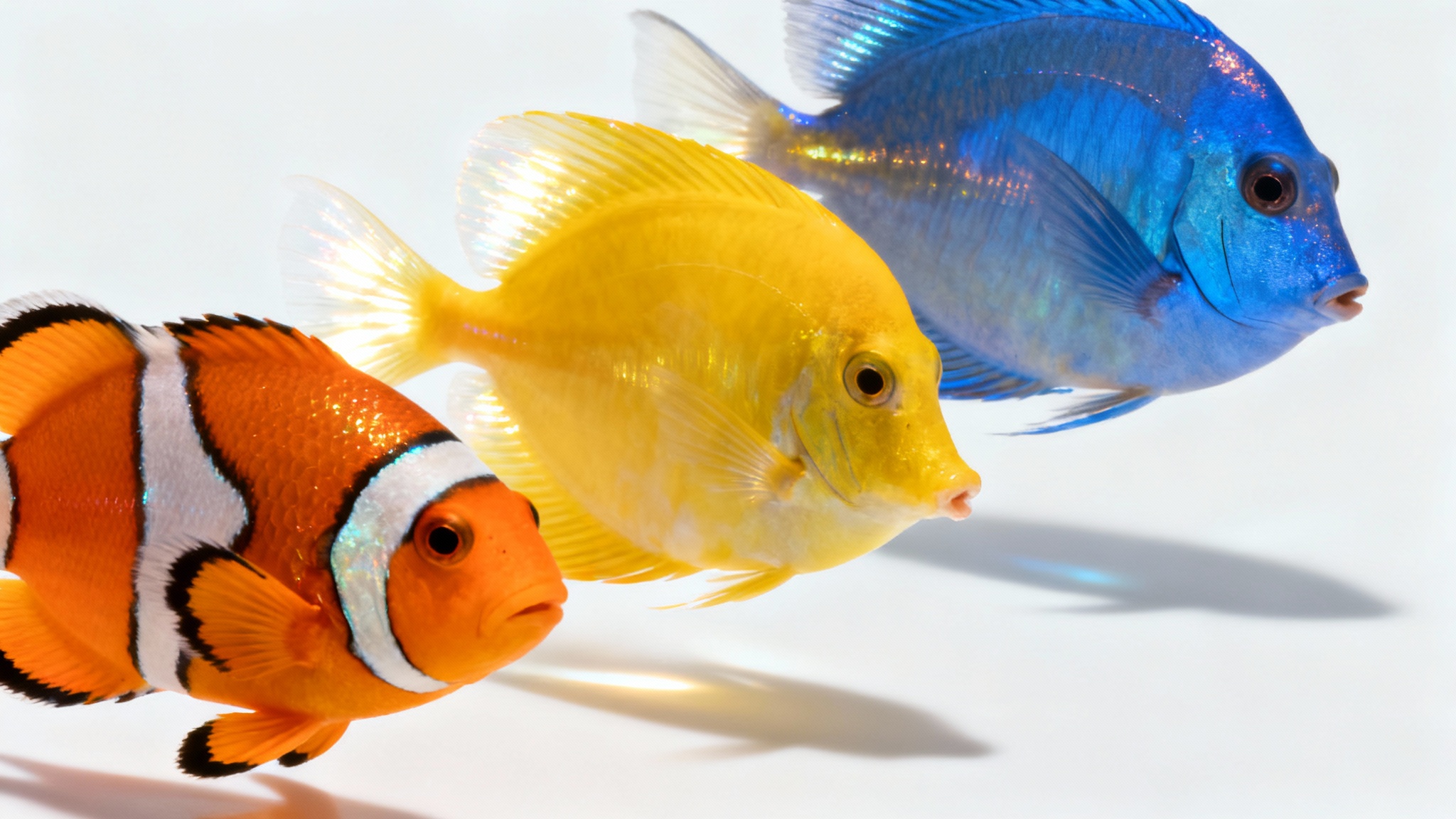A photorealistic image of several colorful tropical fish, including a clownfish and a yellow tang, swimming against a stark white background.