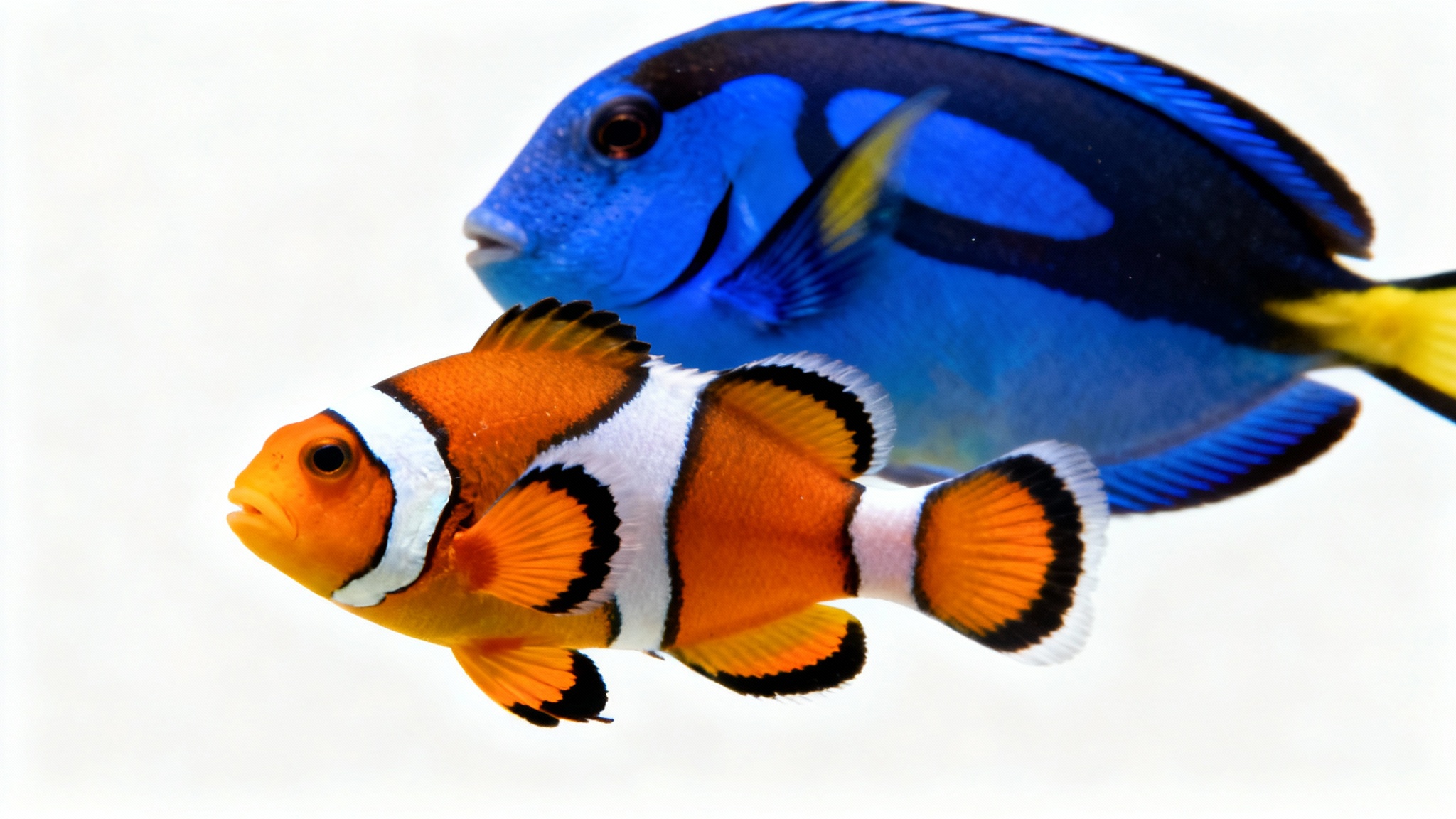 A hyper-realistic studio-style photograph of a colorful clownfish and a royal blue tang swimming side-by-side against a stark white background.
