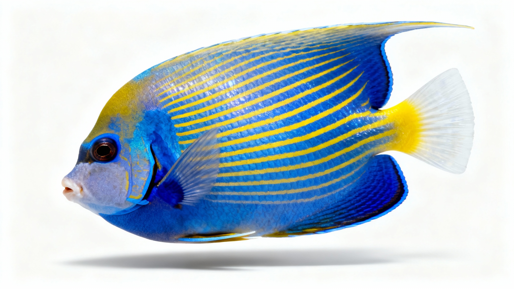 An ultra-realistic studio photograph of a vibrant Emperor Angelfish with electric blue and yellow stripes, isolated against a clean white background.