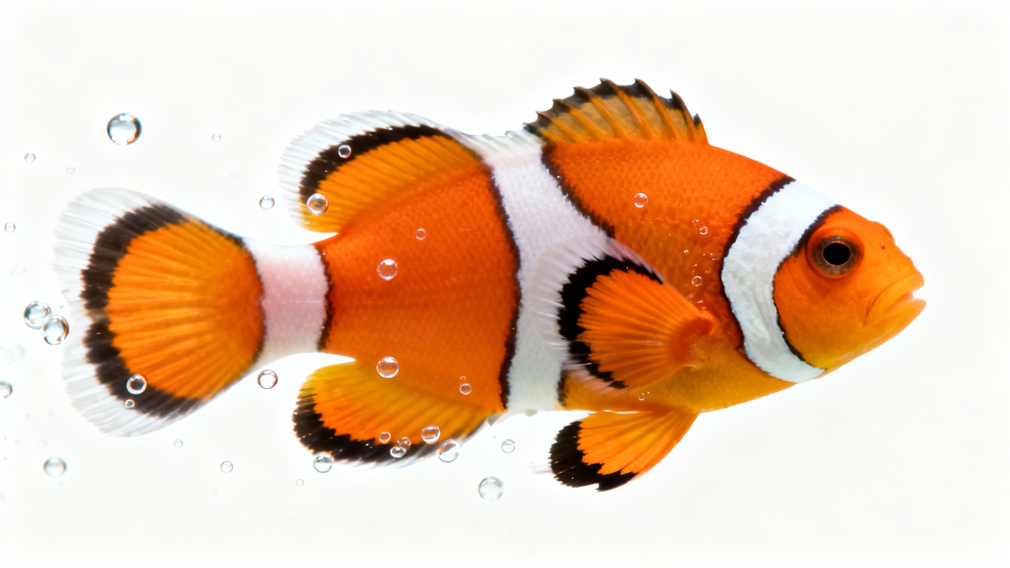 A hyper-realistic photo of a single, vibrant orange and white clownfish swimming gracefully against a solid white background.