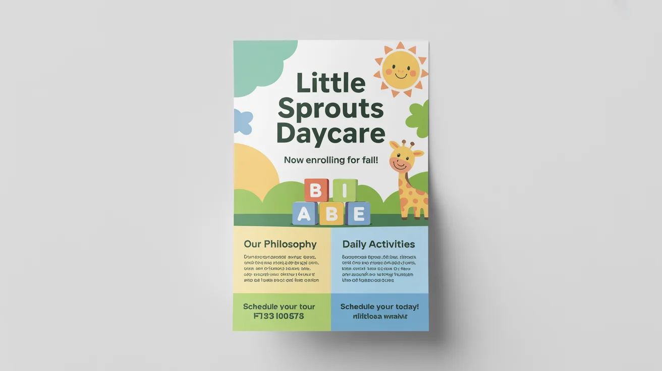 A professionally designed hero image of a nursery school flyer for 'Little Sprouts Daycare', featuring a playful design with pastel colors and cute illustrations of a sun and giraffe.